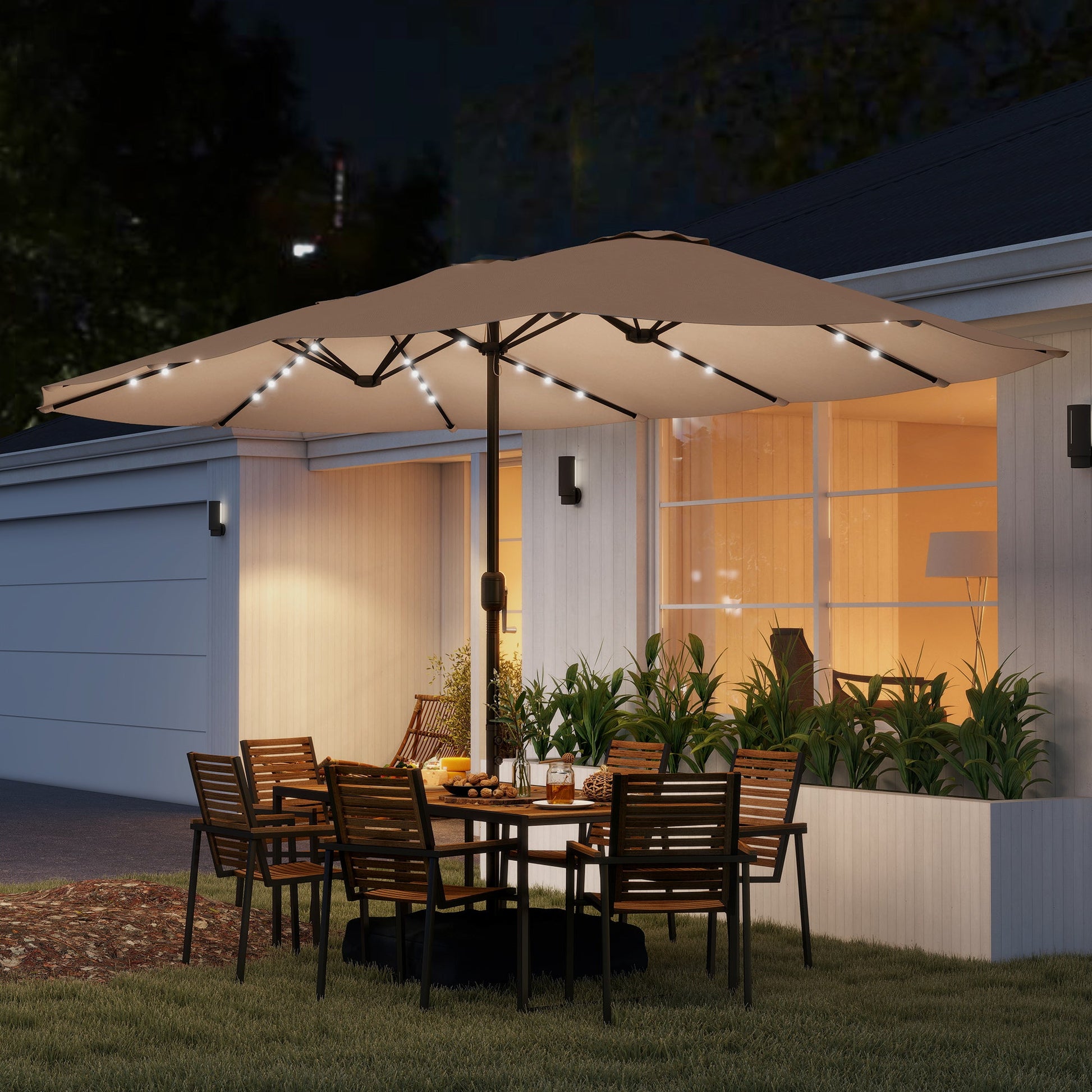 4.5m Garden Parasol Double Sided Umbrella with Base and Sandbags, 60 Solar Powered LED Lights, Patio Umbrella with Crank Handle, Ribs, Water Repellent, Khaki