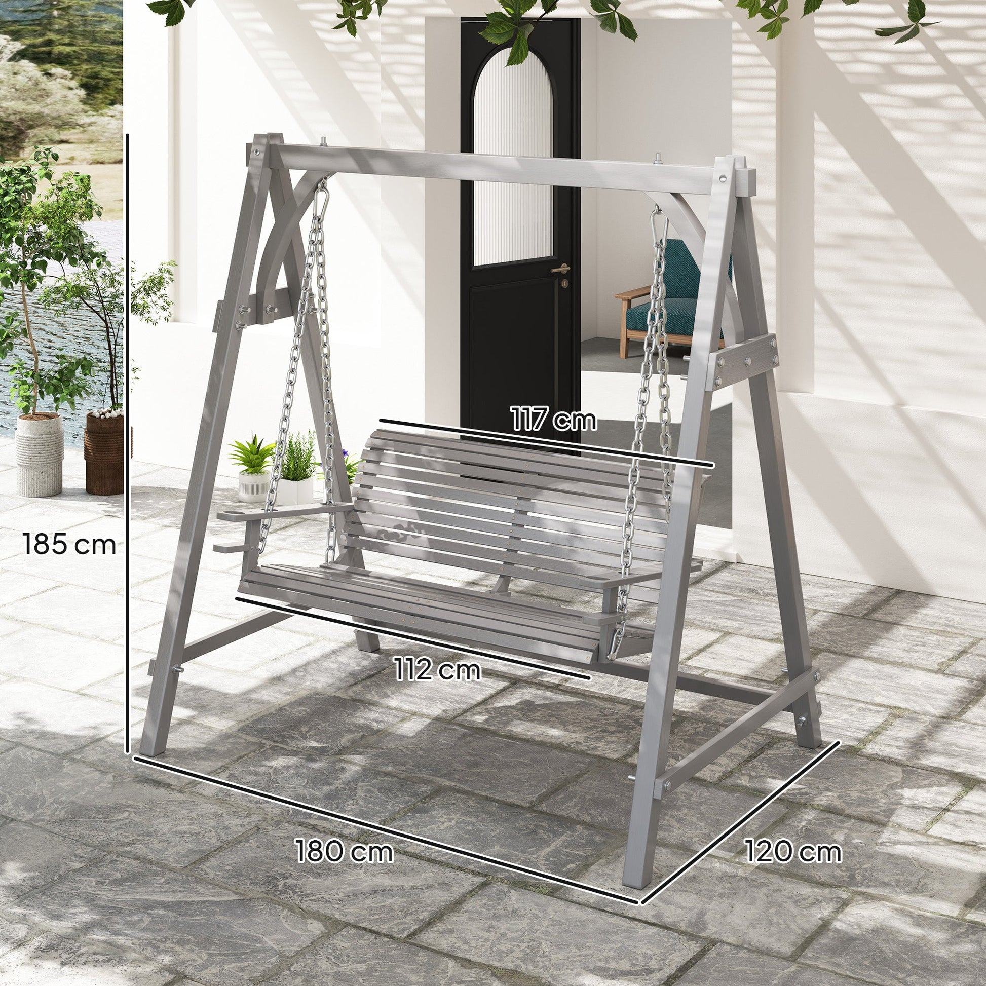 2 Seater Garden Swing Seat Larch Wood Swing Chair Hammock Bench Lounger - Grey