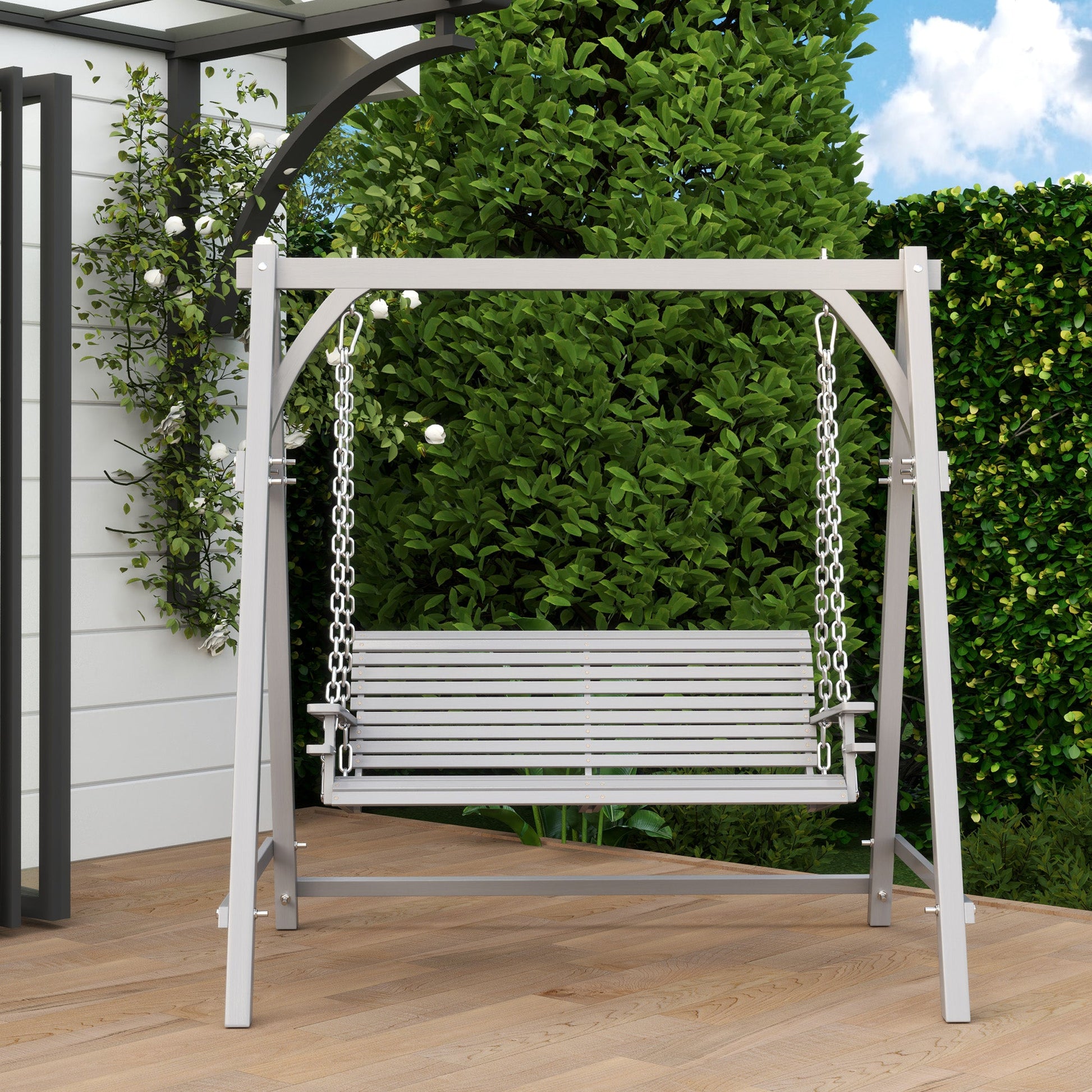 2 Seater Garden Swing Seat Larch Wood Swing Chair Hammock Bench Lounger - Grey