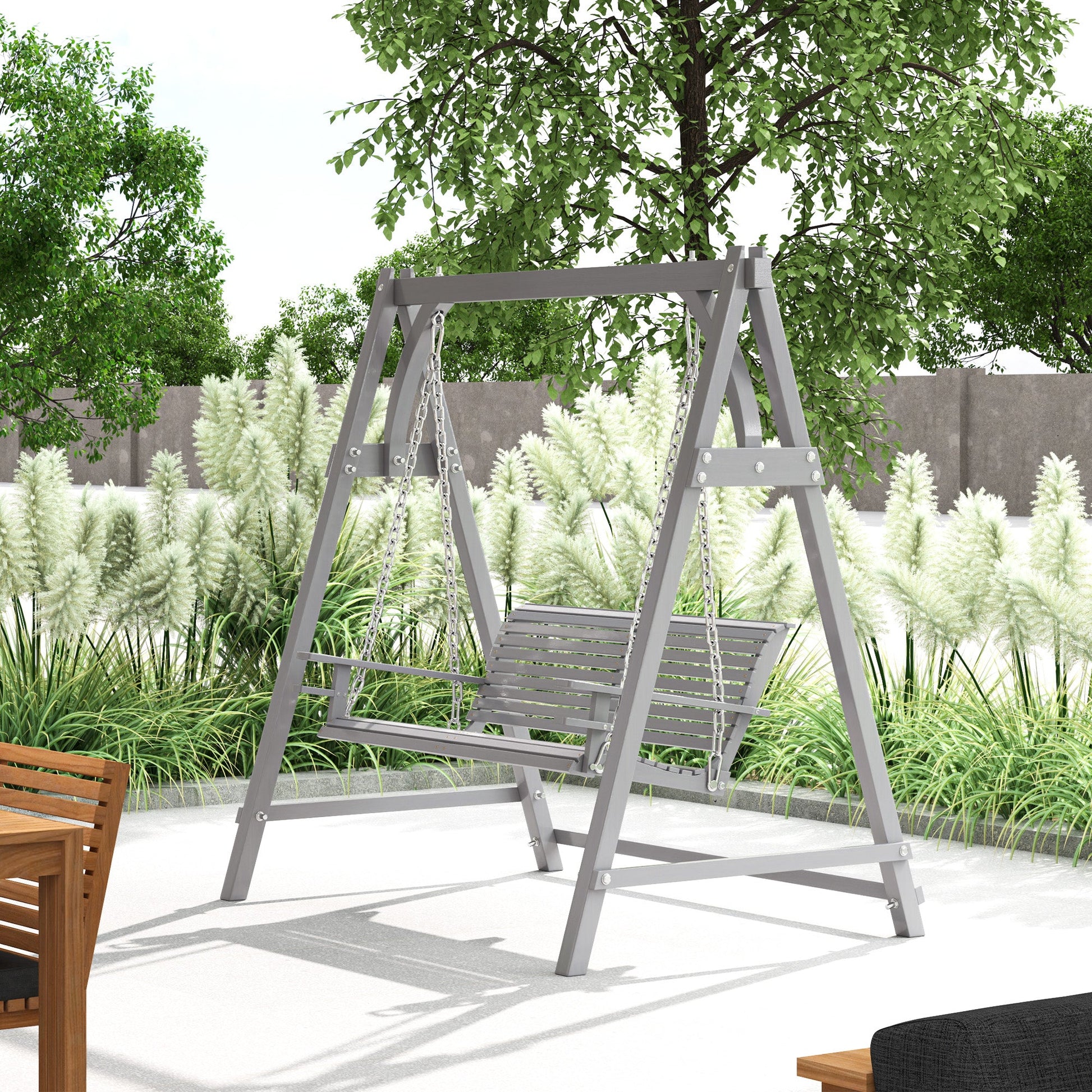 2 Seater Garden Swing Seat Larch Wood Swing Chair Hammock Bench Lounger - Grey