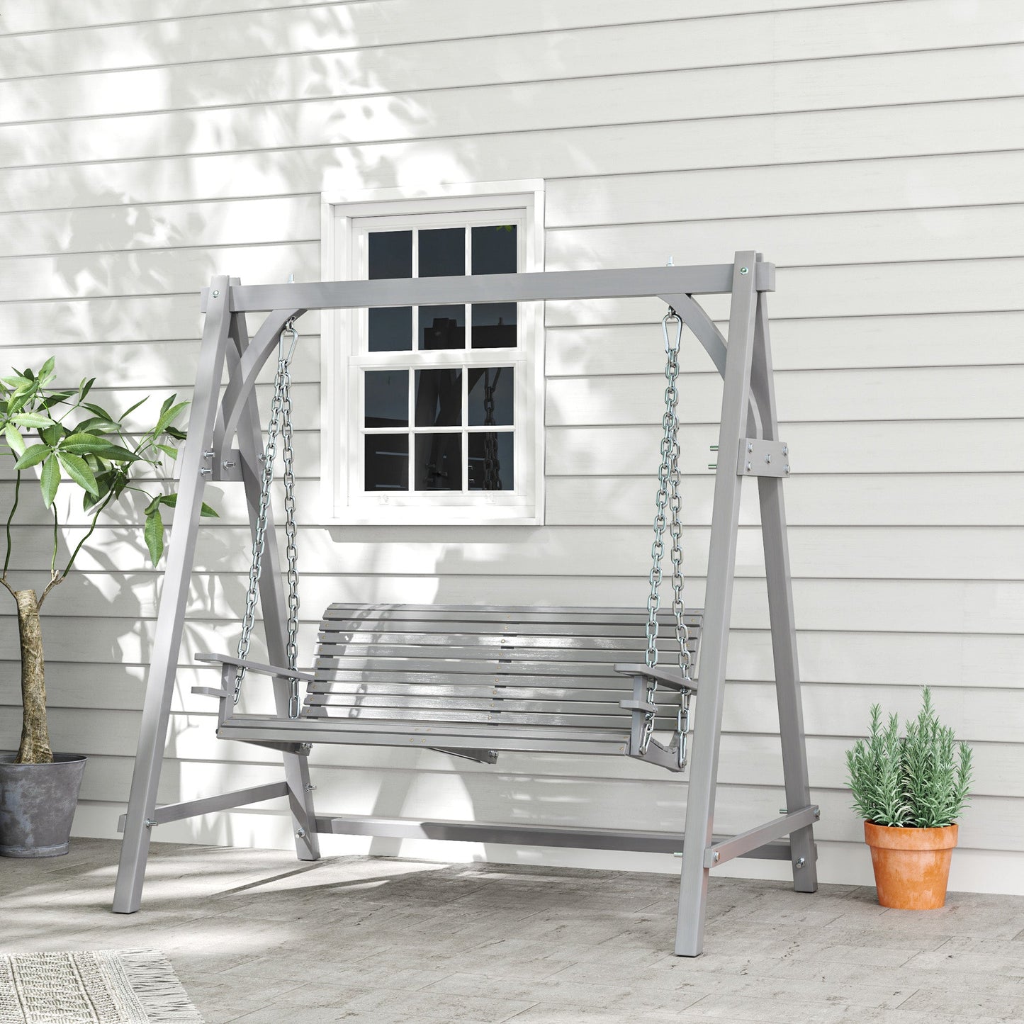 2 Seater Garden Swing Seat Larch Wood Swing Chair Hammock Bench Lounger - Grey