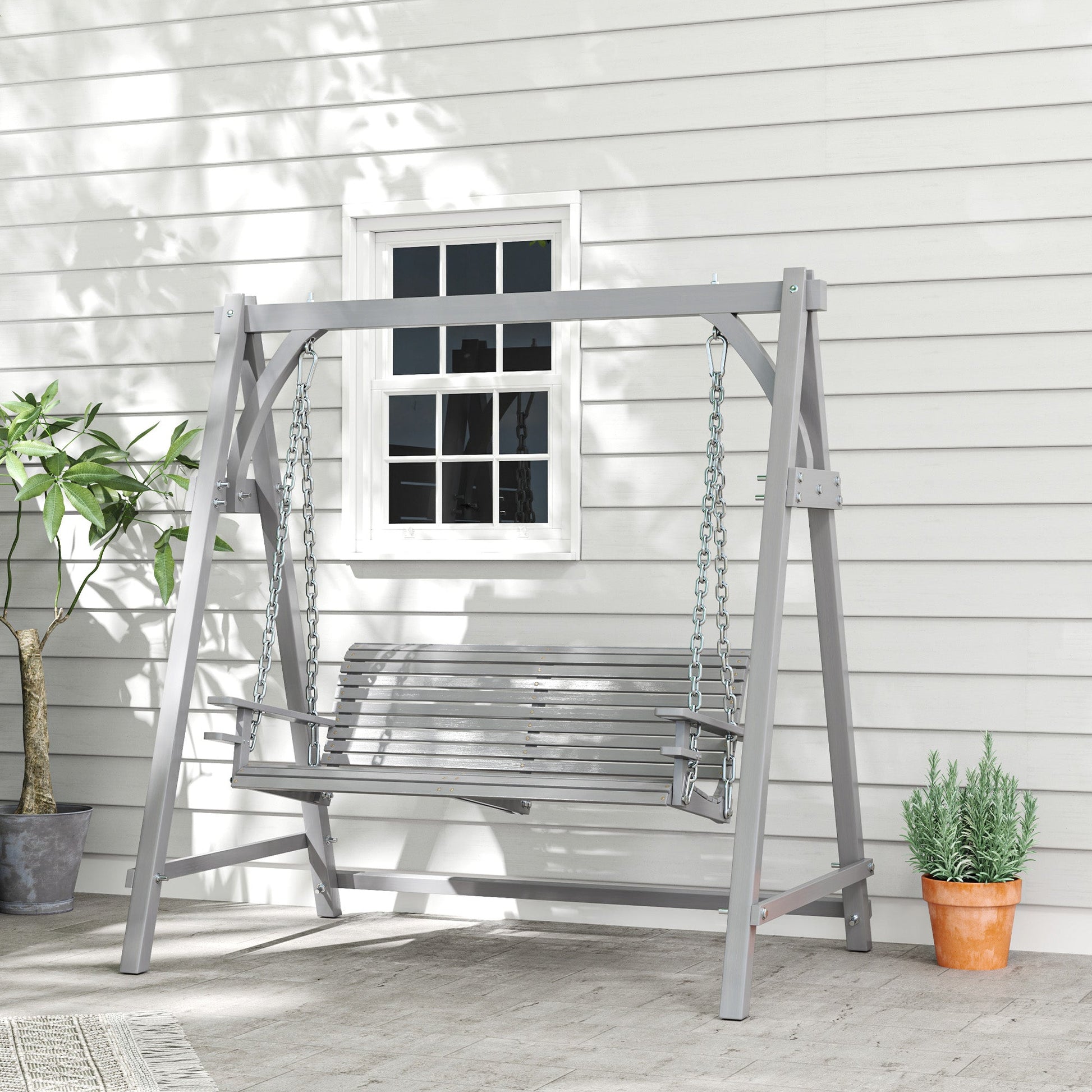 2 Seater Garden Swing Seat Larch Wood Swing Chair Hammock Bench Lounger - Grey