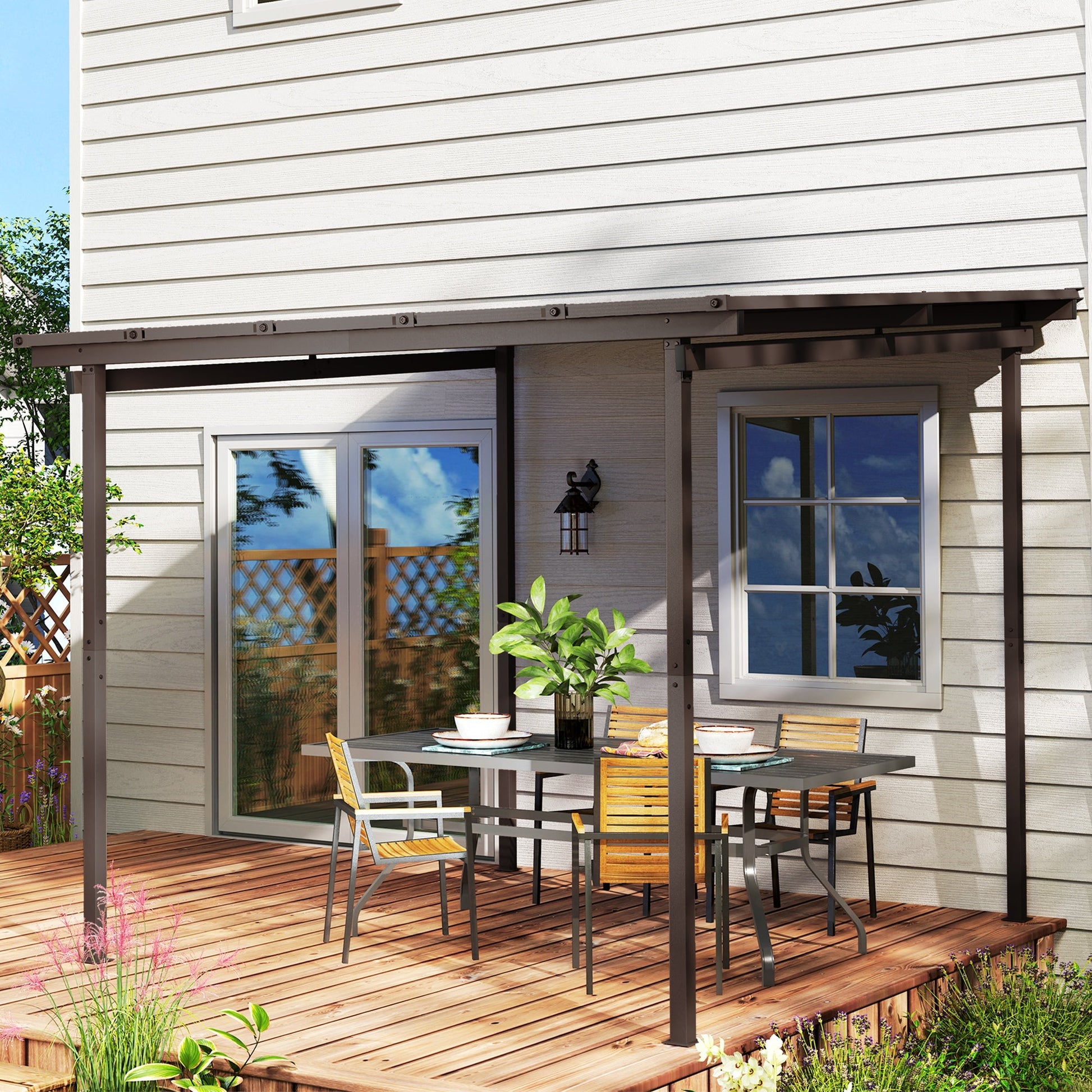 3 x 3(m) Garden Pergola with Waterproof Metal Roof, Lean to Pergola Hardtop Gazebo, Wind-resistant Outdoor Sun Shade, Easy to Assemble