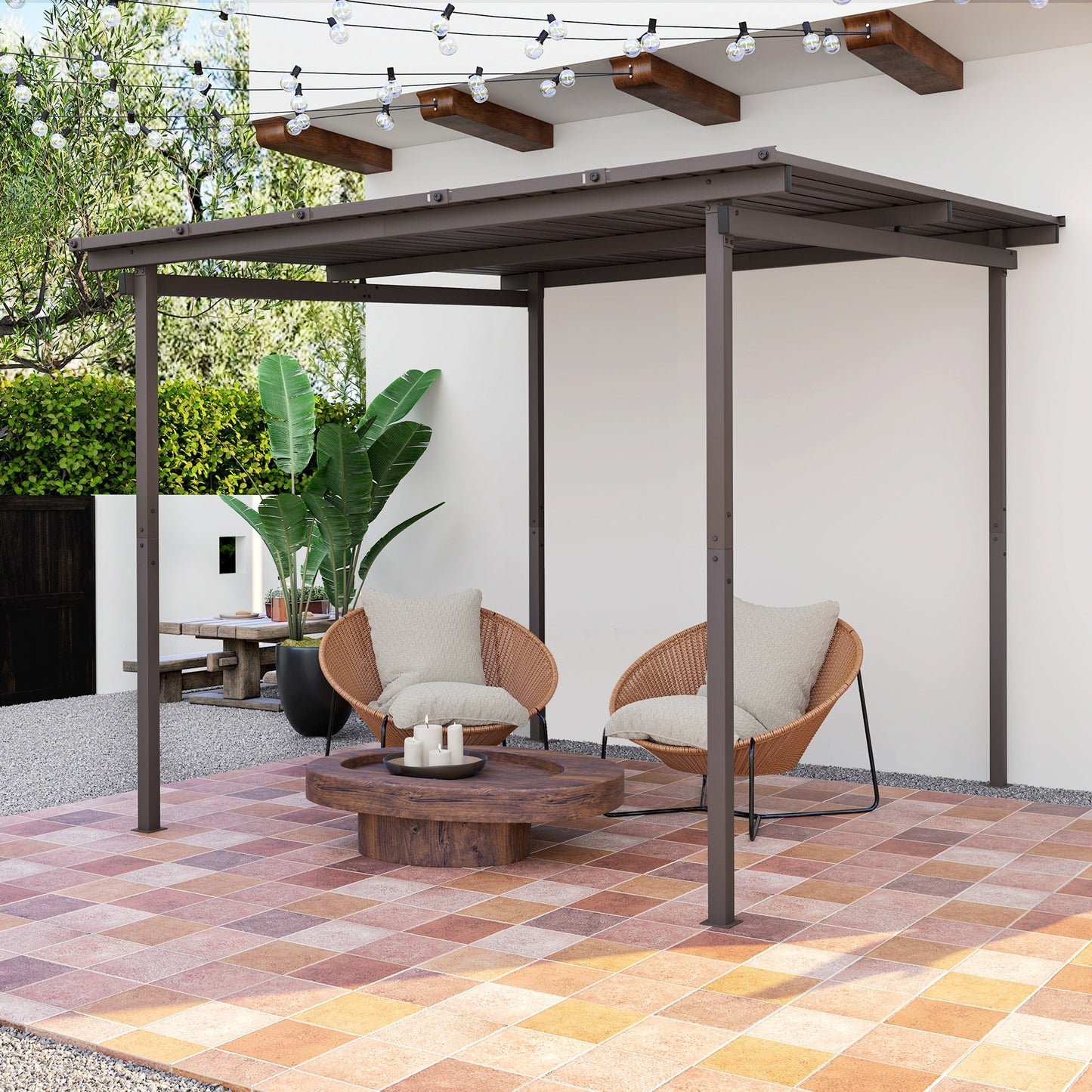 3 x 3(m) Garden Pergola with Waterproof Metal Roof, Lean to Pergola Hardtop Gazebo, Wind-resistant Outdoor Sun Shade, Easy to Assemble