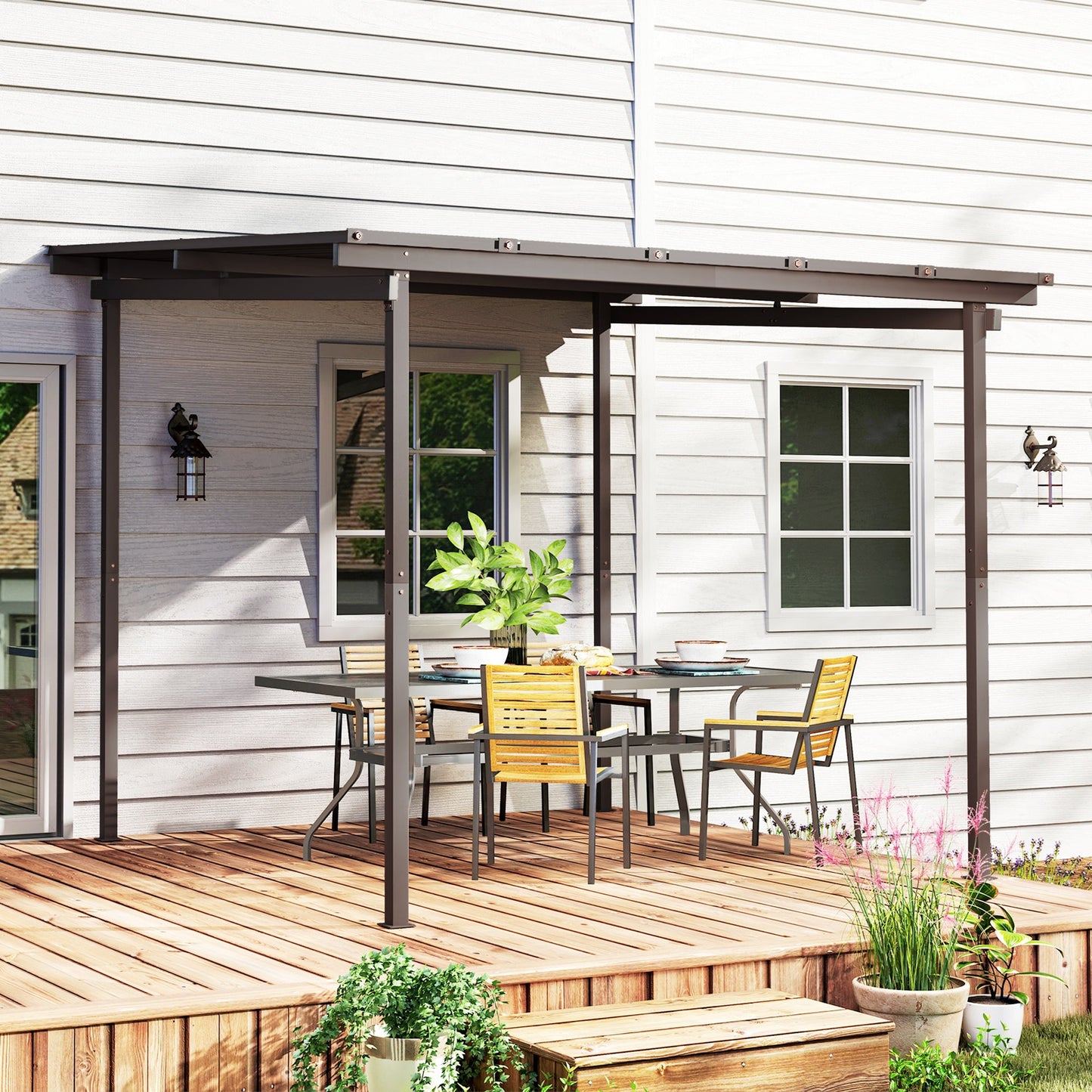 3 x 3(m) Garden Pergola with Waterproof Metal Roof, Lean to Pergola Hardtop Gazebo, Wind-resistant Outdoor Sun Shade, Easy to Assemble