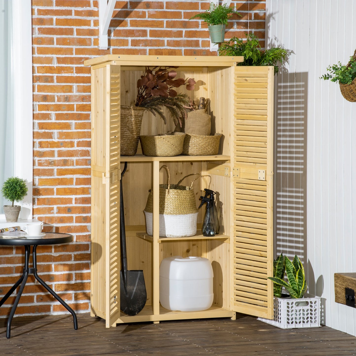 87 x 47 x 160cm Wooden Garden Shed, Sheds & Outdoor Storage with Asphalt Roof and 2 Lockable Doors, Natural