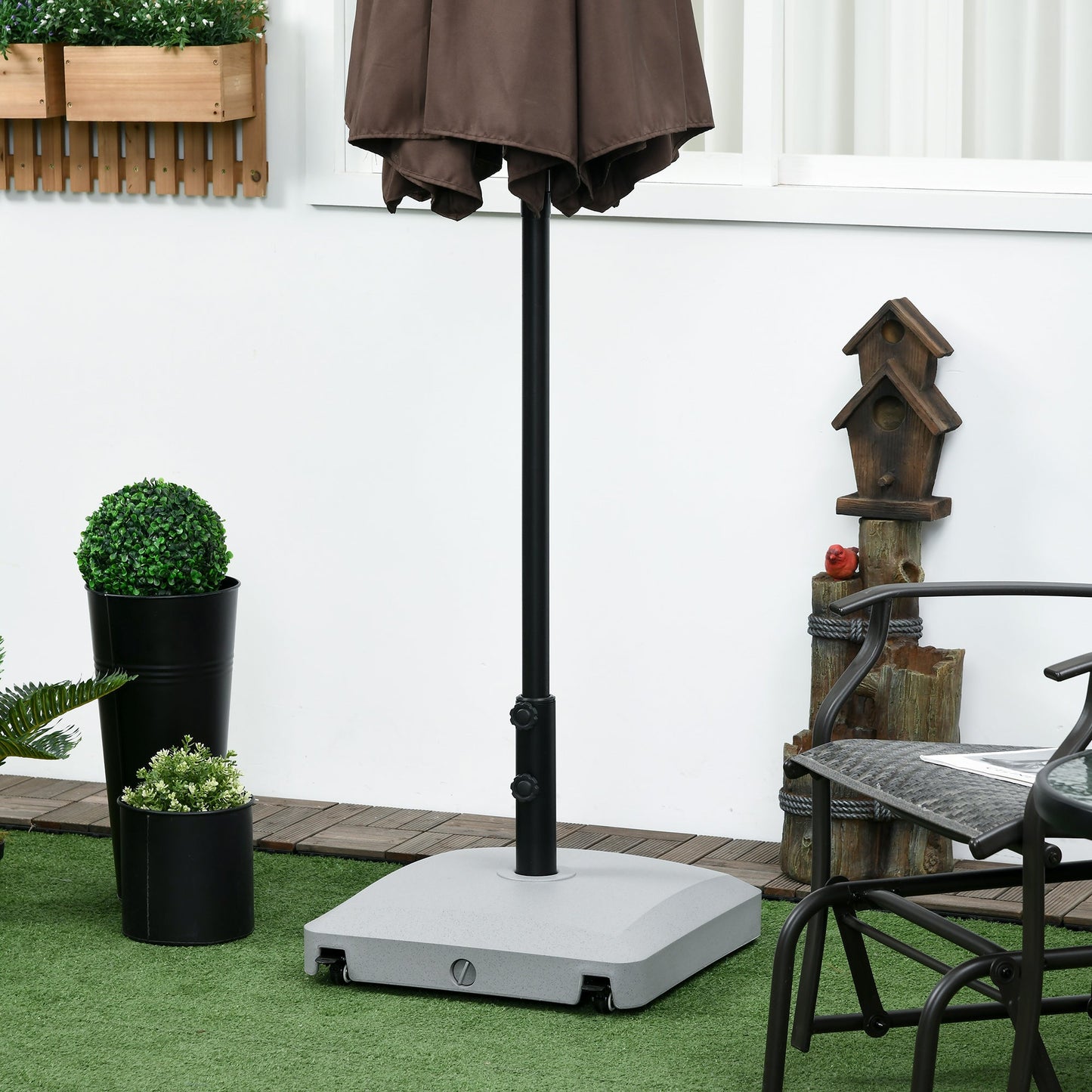 Garden Parasol Base Holder, 24kg Water or 30kg Sand Filled, Outdoor Market Umbrella Stand Weight with Wheels and Brakes, Grey