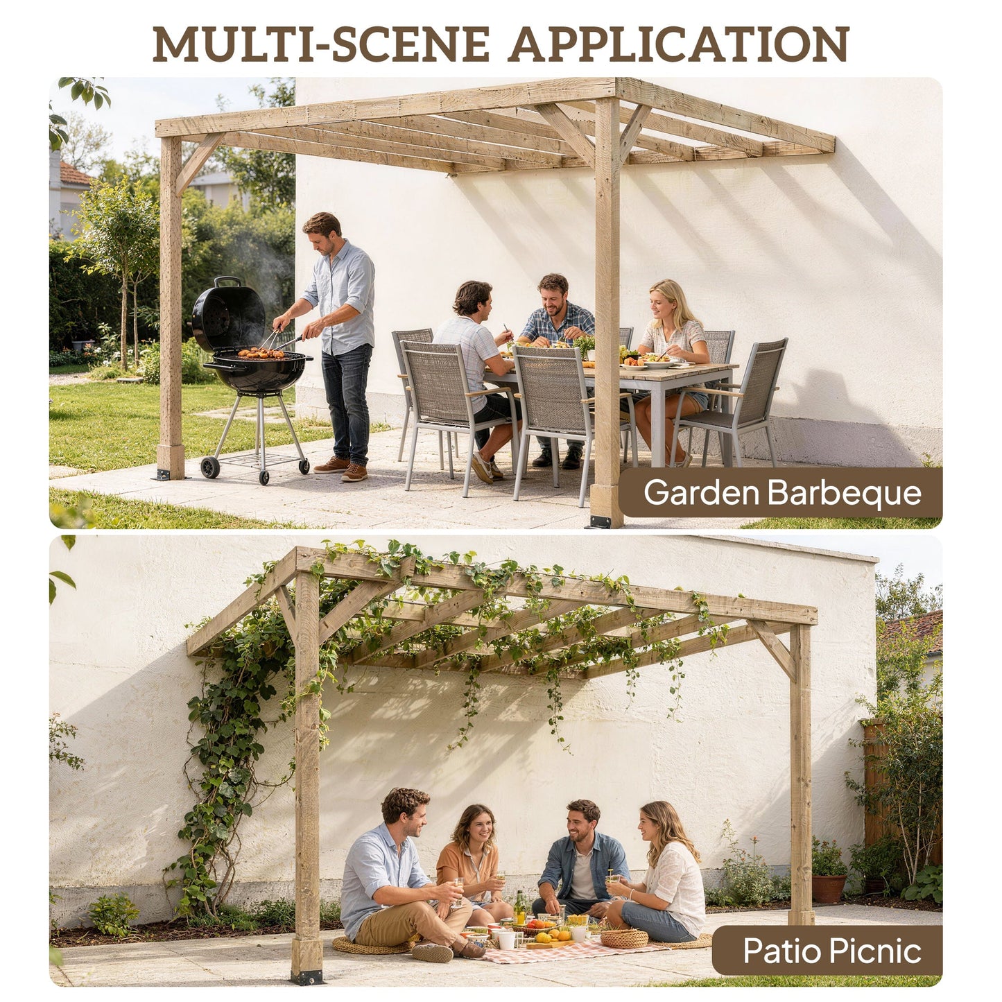 2.4 x 2.4m Lean-To Wooden Pergola Kit, Decorative Garden Gazebo with Stable Structure and Concrete Anchors, Grape Trellis for Climbing Vines, Flowers, Garden Patio, Light Brown