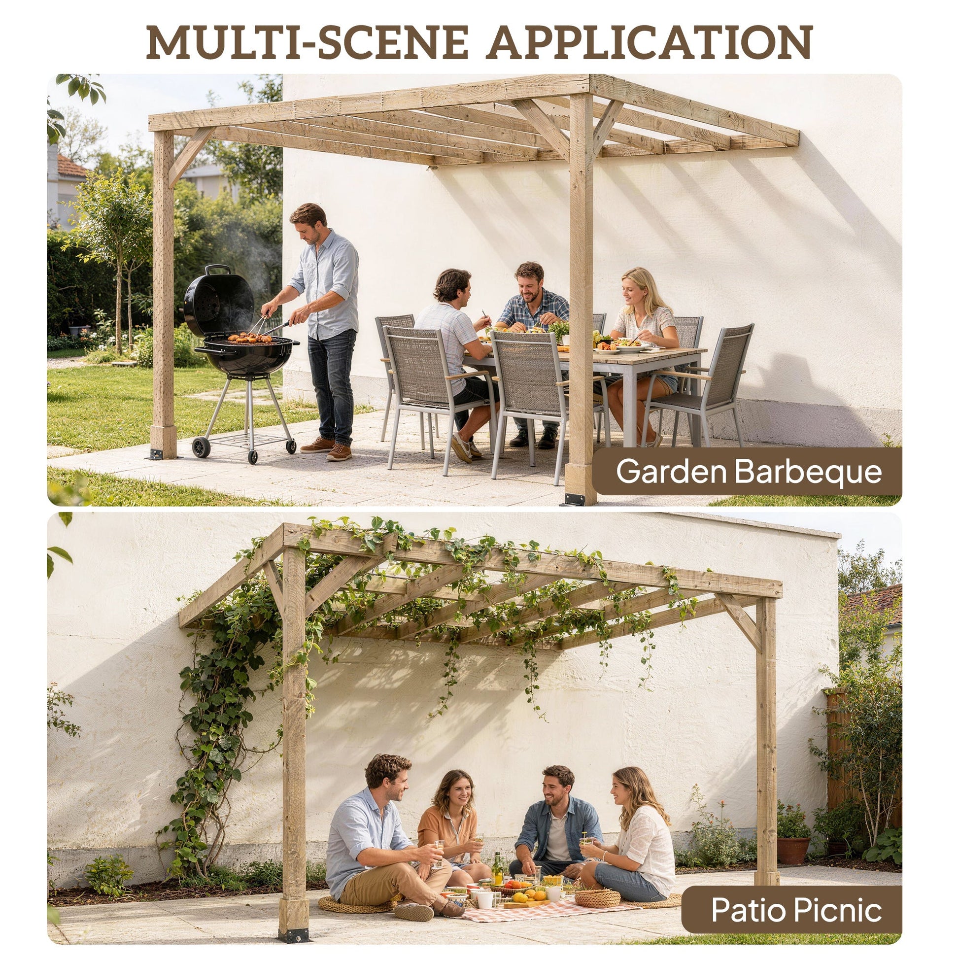 2.4 x 2.4m Lean-To Wooden Pergola Kit, Decorative Garden Gazebo with Stable Structure and Concrete Anchors, Grape Trellis for Climbing Vines, Flowers, Garden Patio, Light Brown