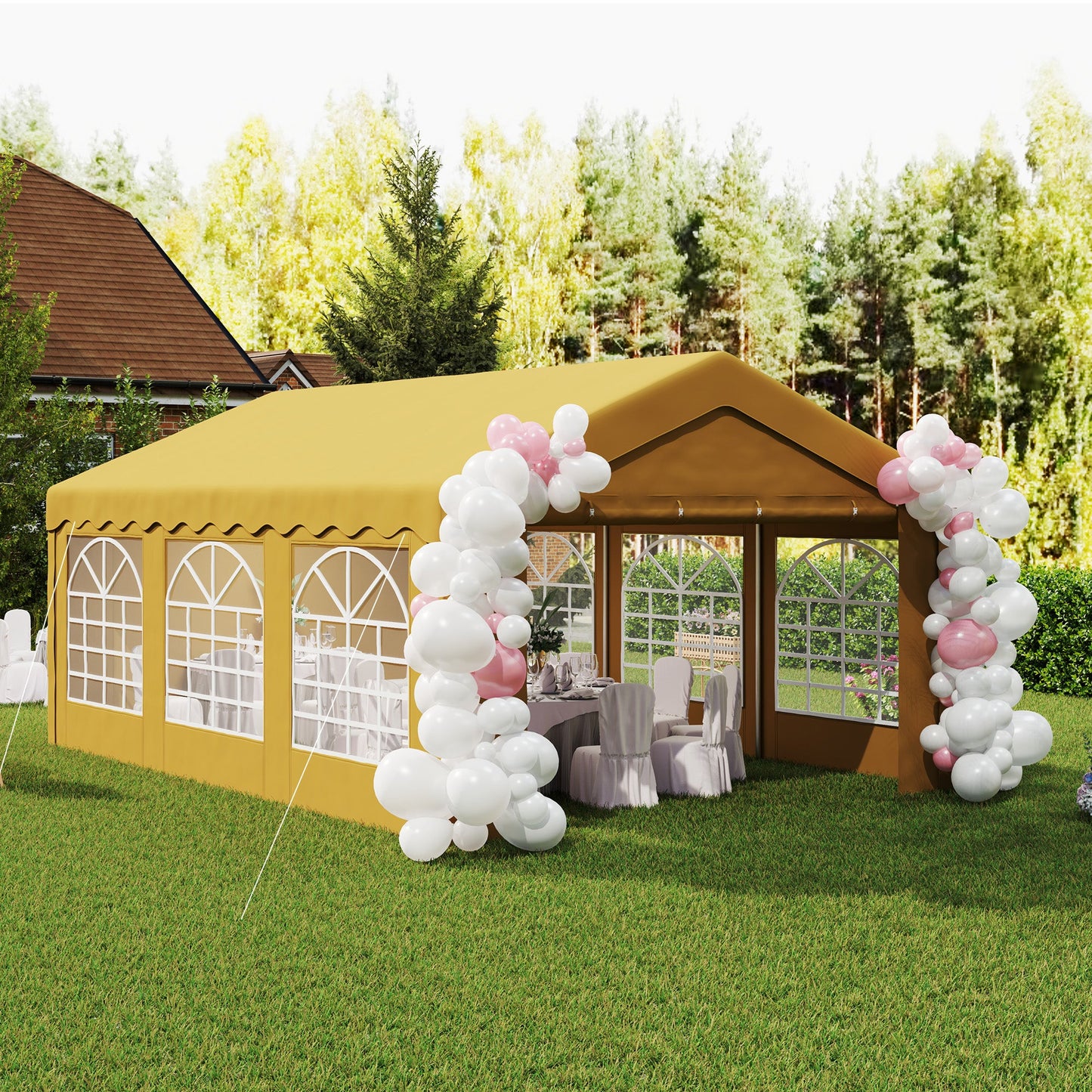 6m x 4m Garden Gazebo, Galvanised Marquee Party Tent with Removable Sides and Windows for Parties, Wedding and Events, Yellow