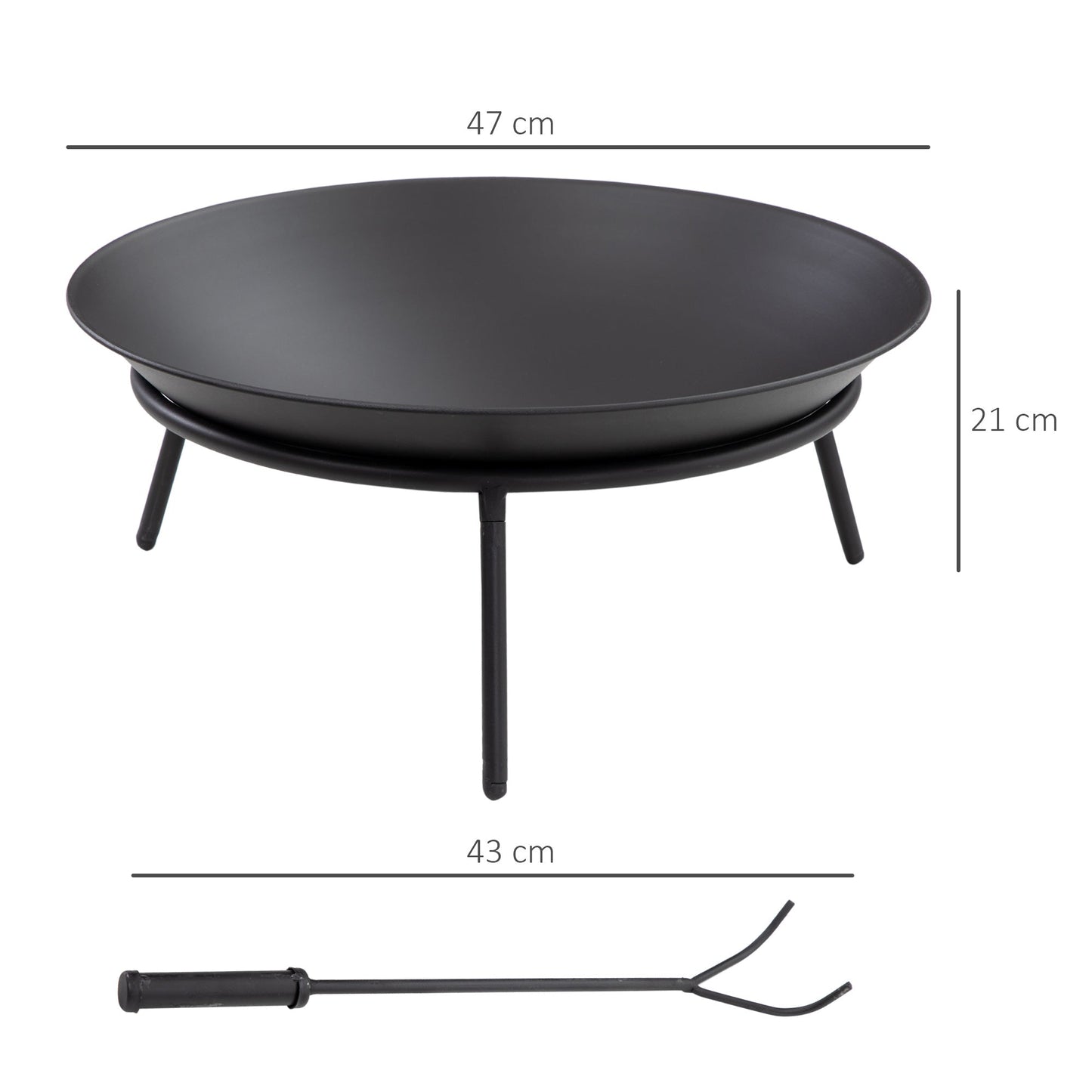 Dia. 47 x 21 cm Outdoor Fire Pit, Portable Round Firepit with Poker, for Garden, Camping, Bonfire, Picnic, Black