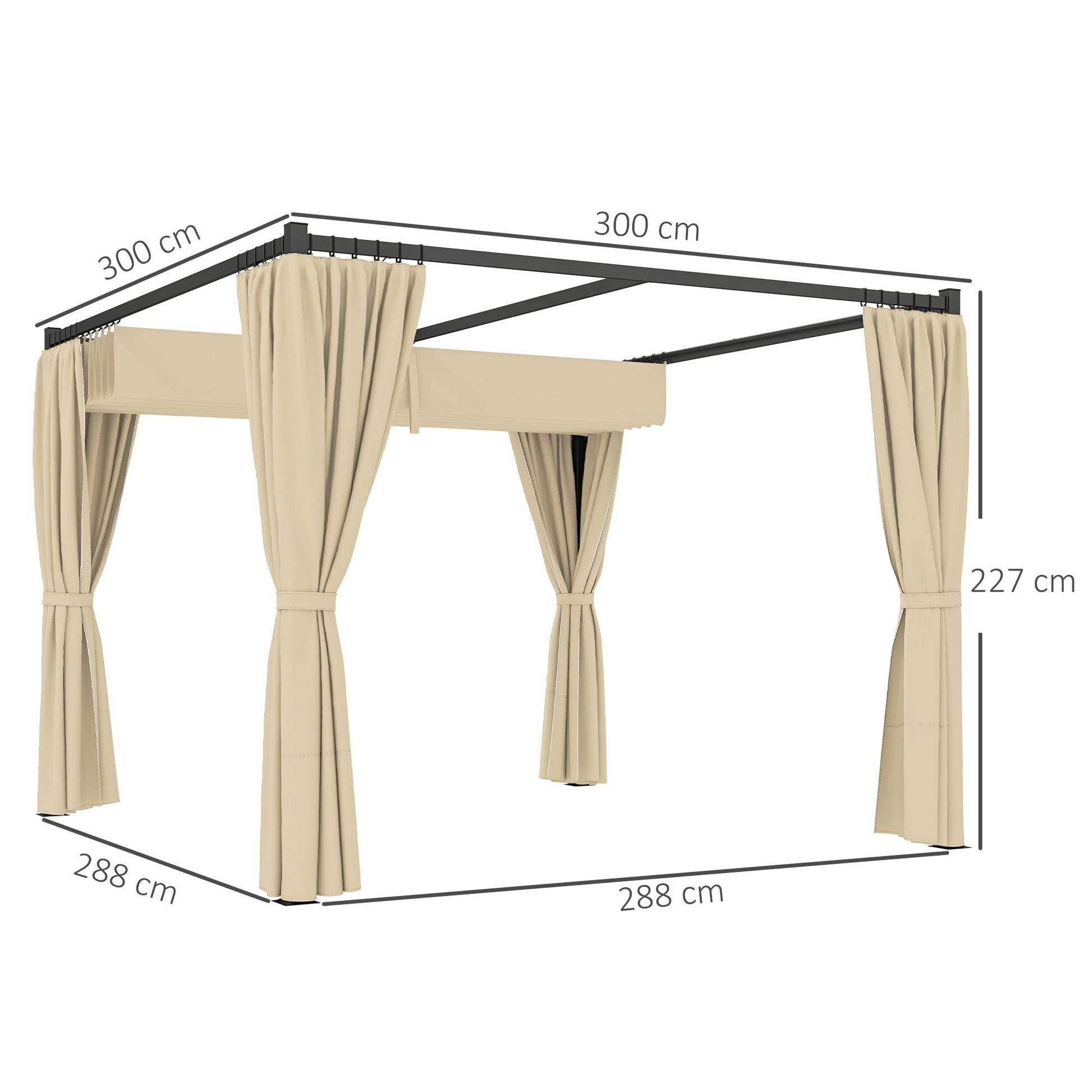 3 x 3(m) Pergola with Retractable Roof Canopy and Curtains, Metal Frame Garden Gazebo Outdoor Sun Shade Shelter for Grill, Patio, Deck, Khaki