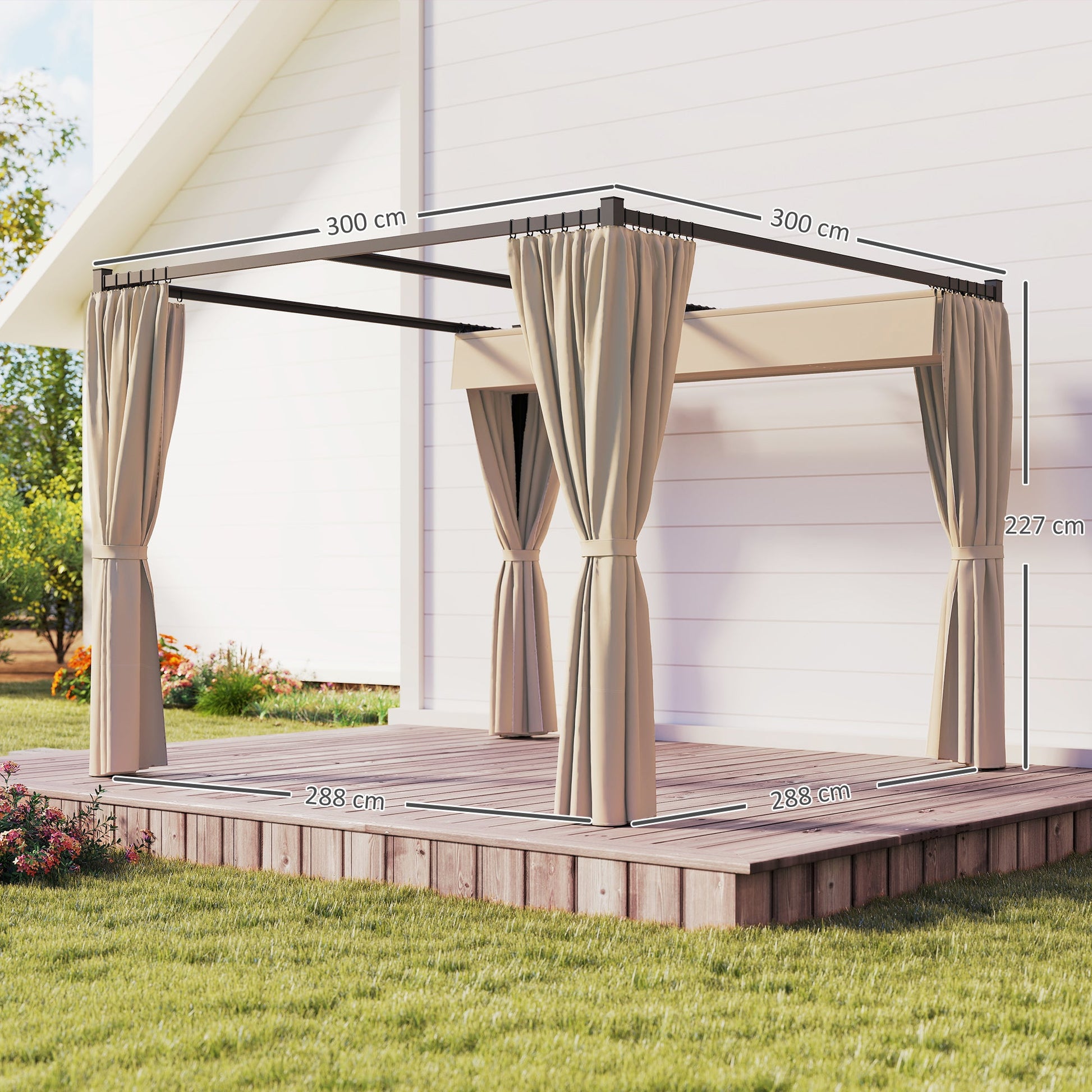 3 x 3(m) Pergola with Retractable Roof Canopy and Curtains, Metal Frame Garden Gazebo Outdoor Sun Shade Shelter for Grill, Patio, Deck, Khaki