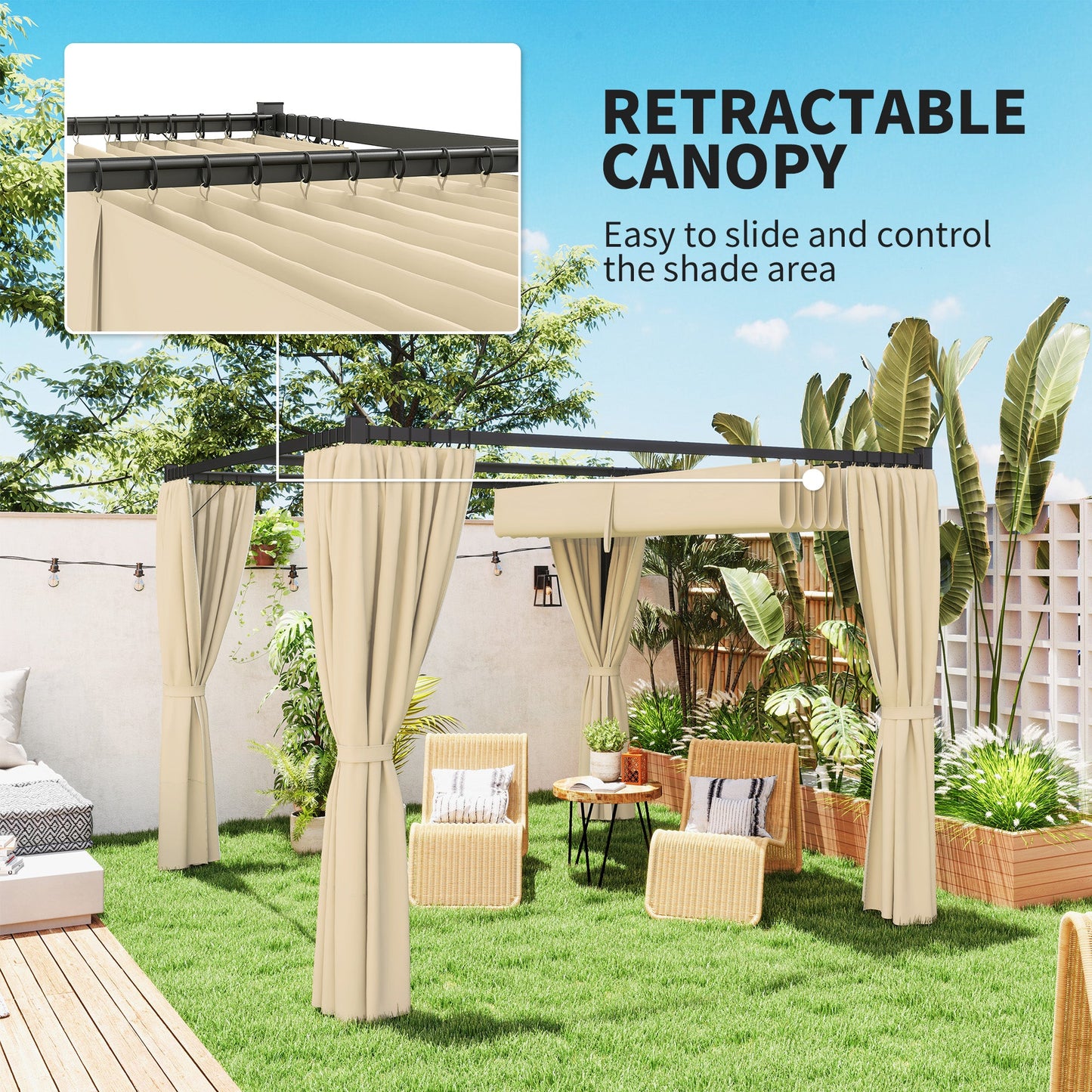 3 x 3(m) Pergola with Retractable Roof Canopy and Curtains, Metal Frame Garden Gazebo Outdoor Sun Shade Shelter for Grill, Patio, Deck, Khaki