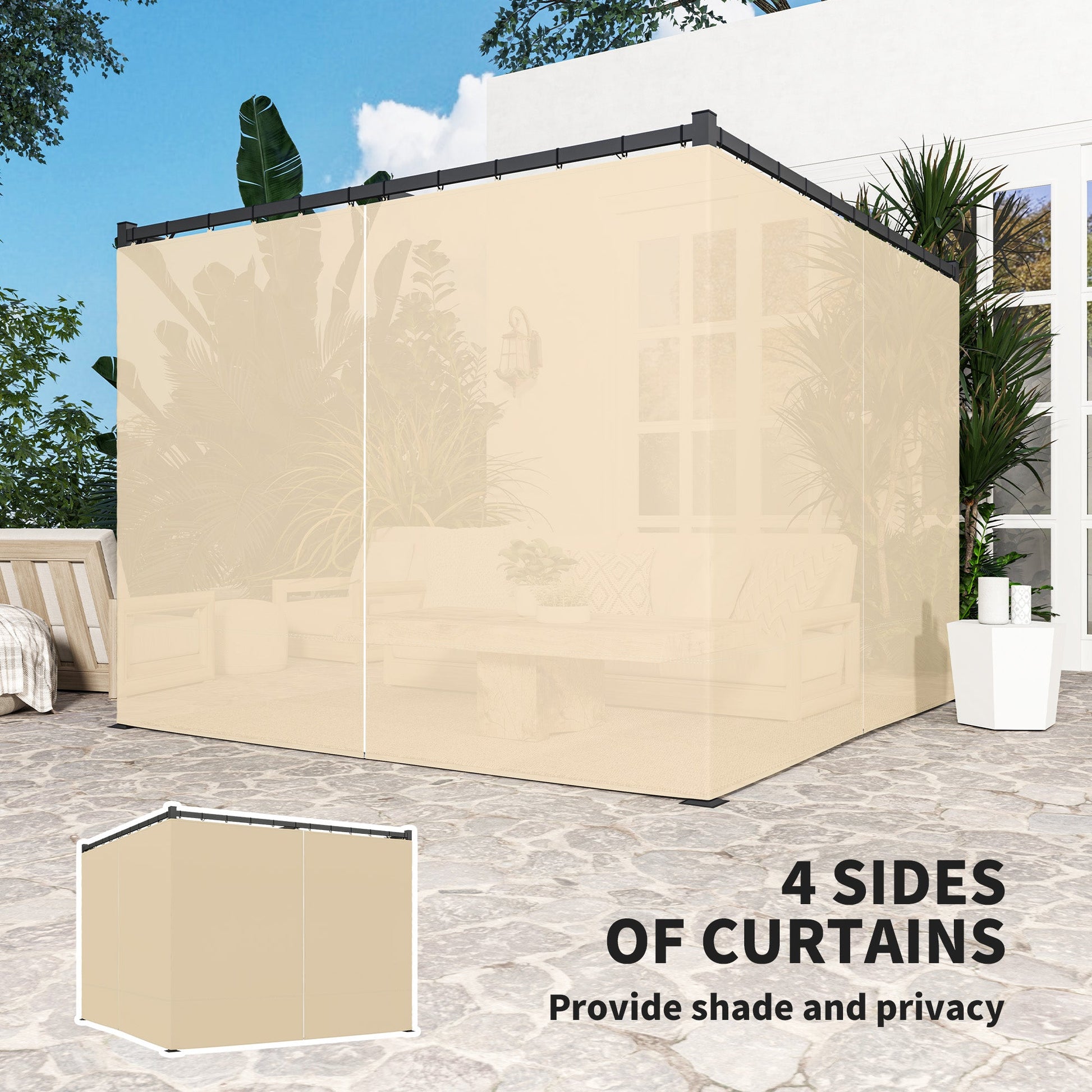 3 x 3(m) Pergola with Retractable Roof Canopy and Curtains, Metal Frame Garden Gazebo Outdoor Sun Shade Shelter for Grill, Patio, Deck, Khaki