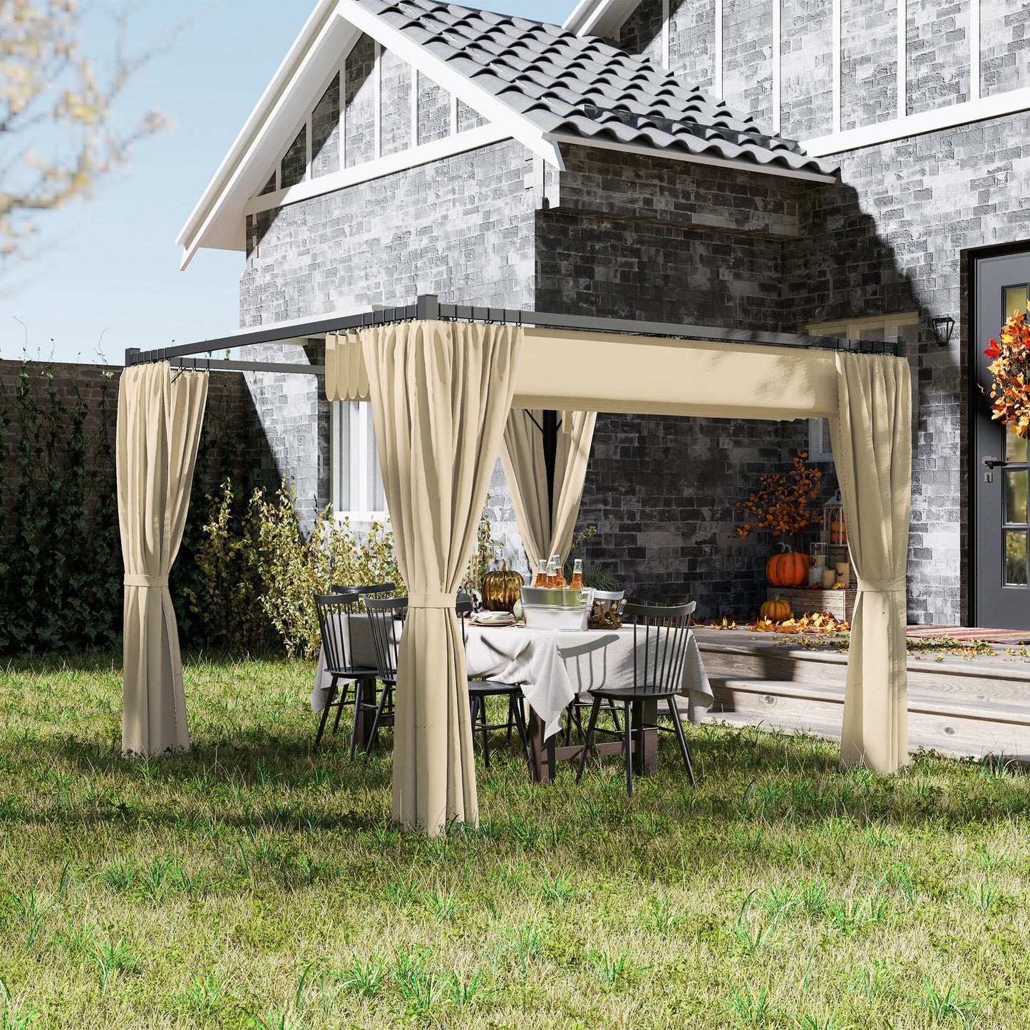 3 x 3(m) Pergola with Retractable Roof Canopy and Curtains, Metal Frame Garden Gazebo Outdoor Sun Shade Shelter for Grill, Patio, Deck, Khaki