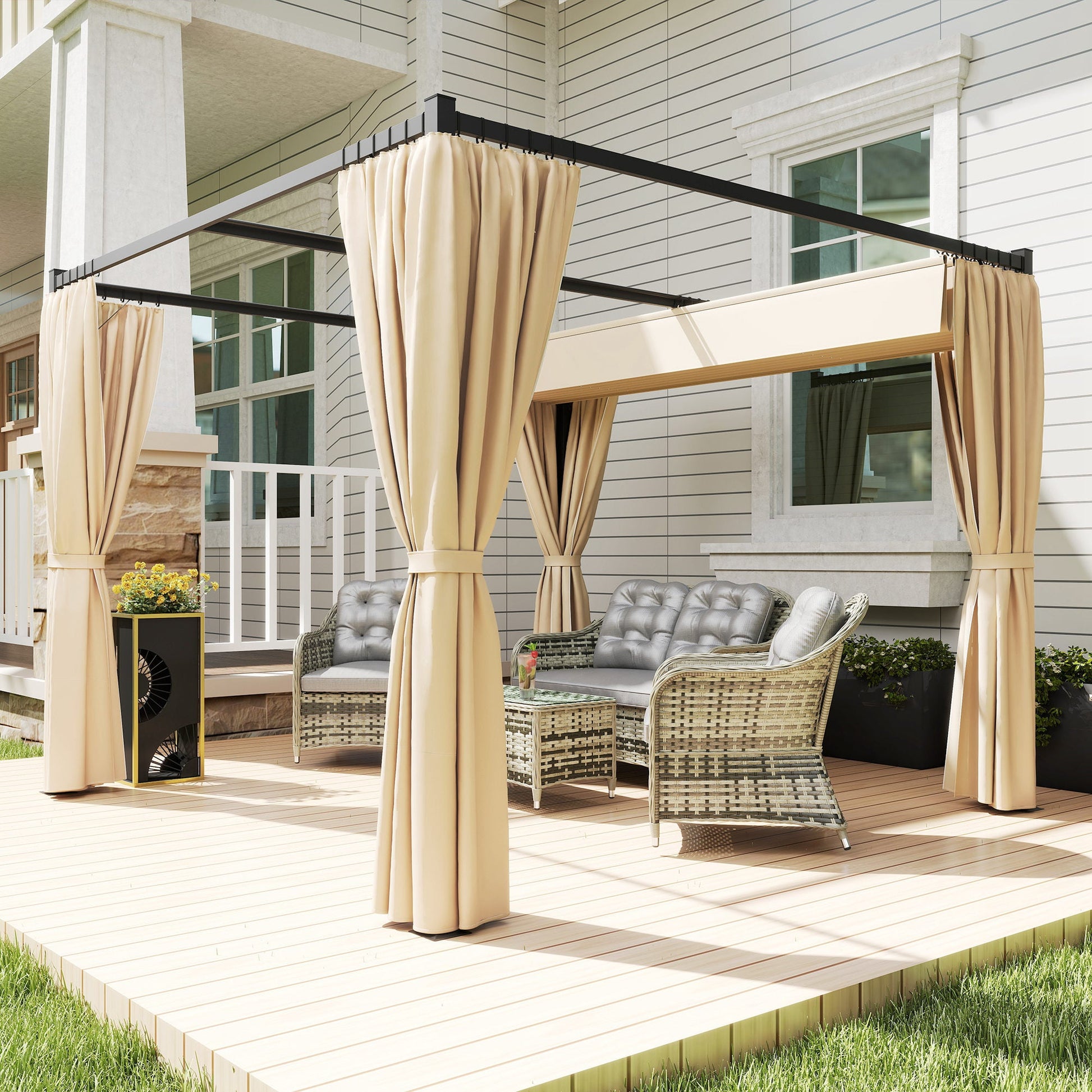 3 x 3(m) Pergola with Retractable Roof Canopy and Curtains, Metal Frame Garden Gazebo Outdoor Sun Shade Shelter for Grill, Patio, Deck, Khaki