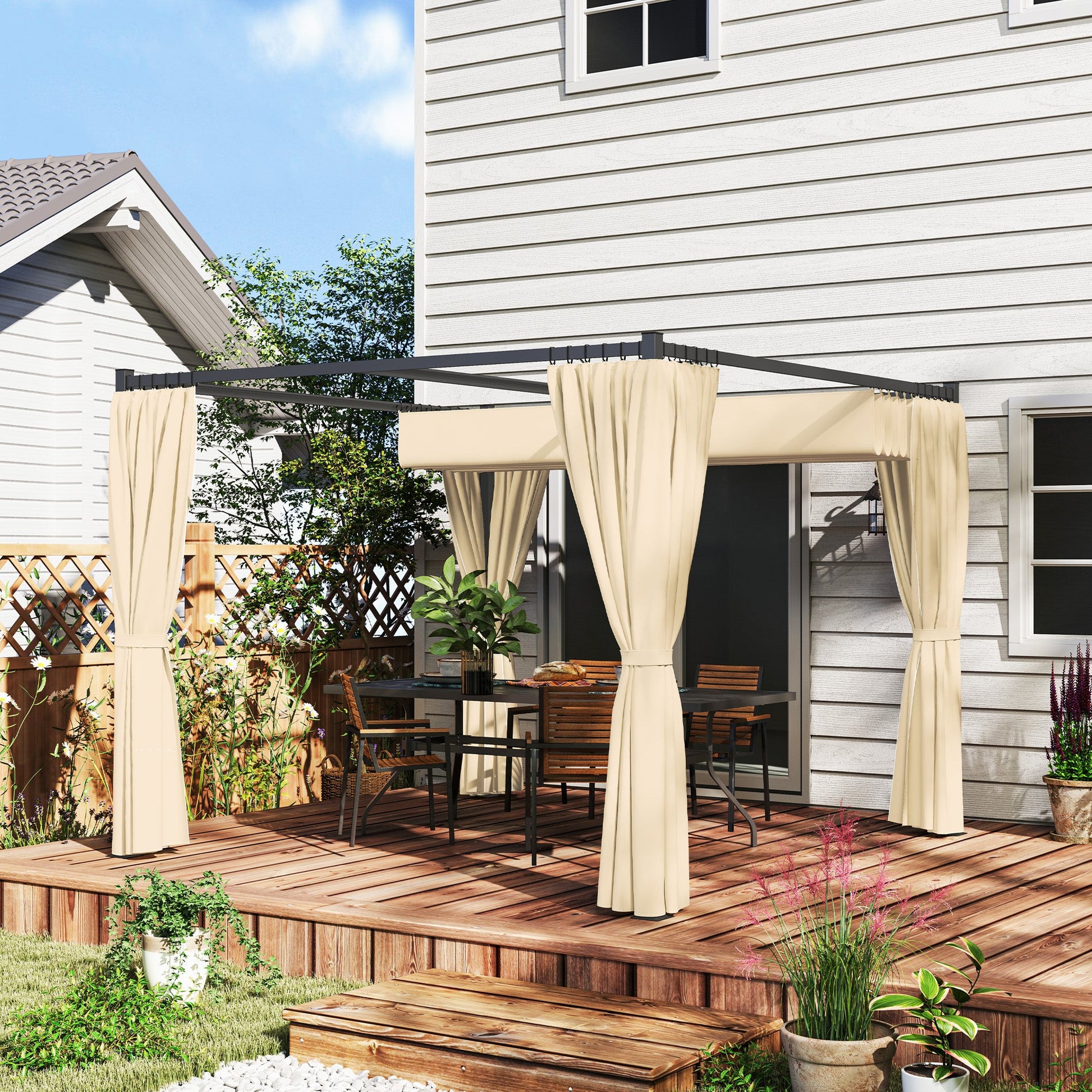 3 x 3(m) Pergola with Retractable Roof Canopy and Curtains, Metal Frame Garden Gazebo Outdoor Sun Shade Shelter for Grill, Patio, Deck, Khaki