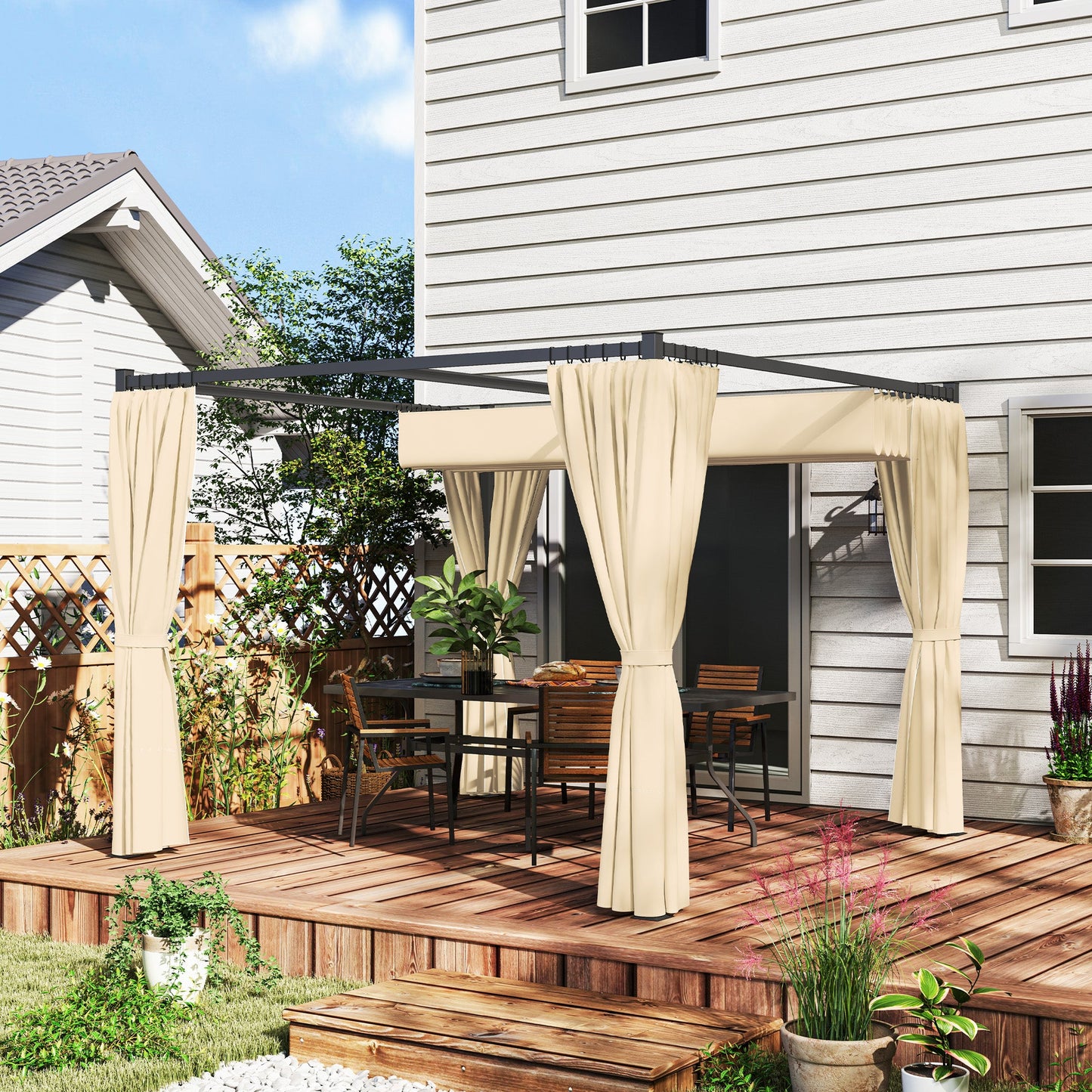 3 x 3(m) Pergola with Retractable Roof Canopy and Curtains, Metal Frame Garden Gazebo Outdoor Sun Shade Shelter for Grill, Patio, Deck, Khaki
