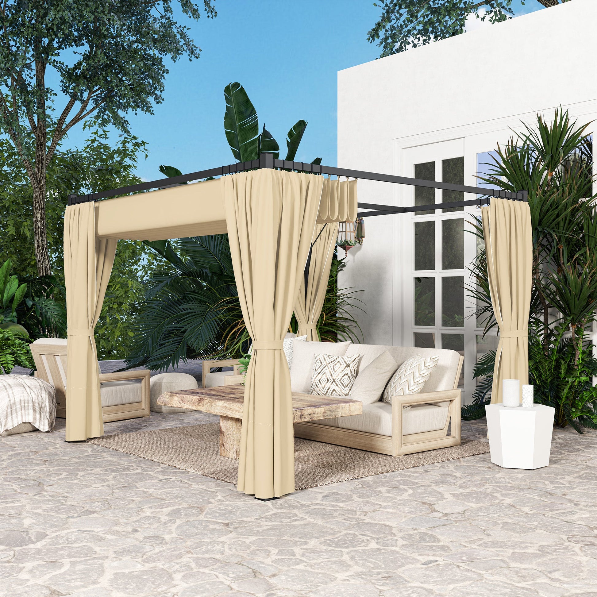 3 x 3(m) Pergola with Retractable Roof Canopy and Curtains, Metal Frame Garden Gazebo Outdoor Sun Shade Shelter for Grill, Patio, Deck, Khaki