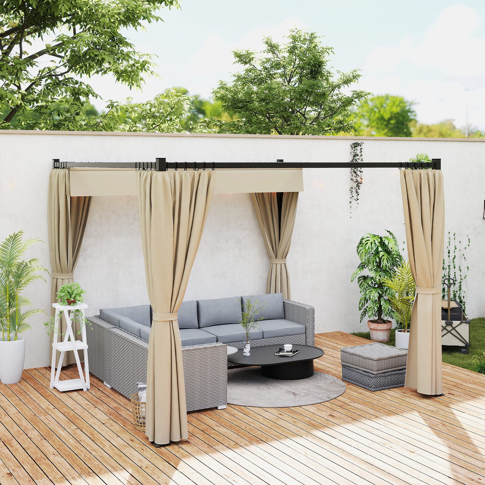 3 x 3(m) Pergola with Retractable Roof Canopy and Curtains, Metal Frame Garden Gazebo Outdoor Sun Shade Shelter for Grill, Patio, Deck, Khaki