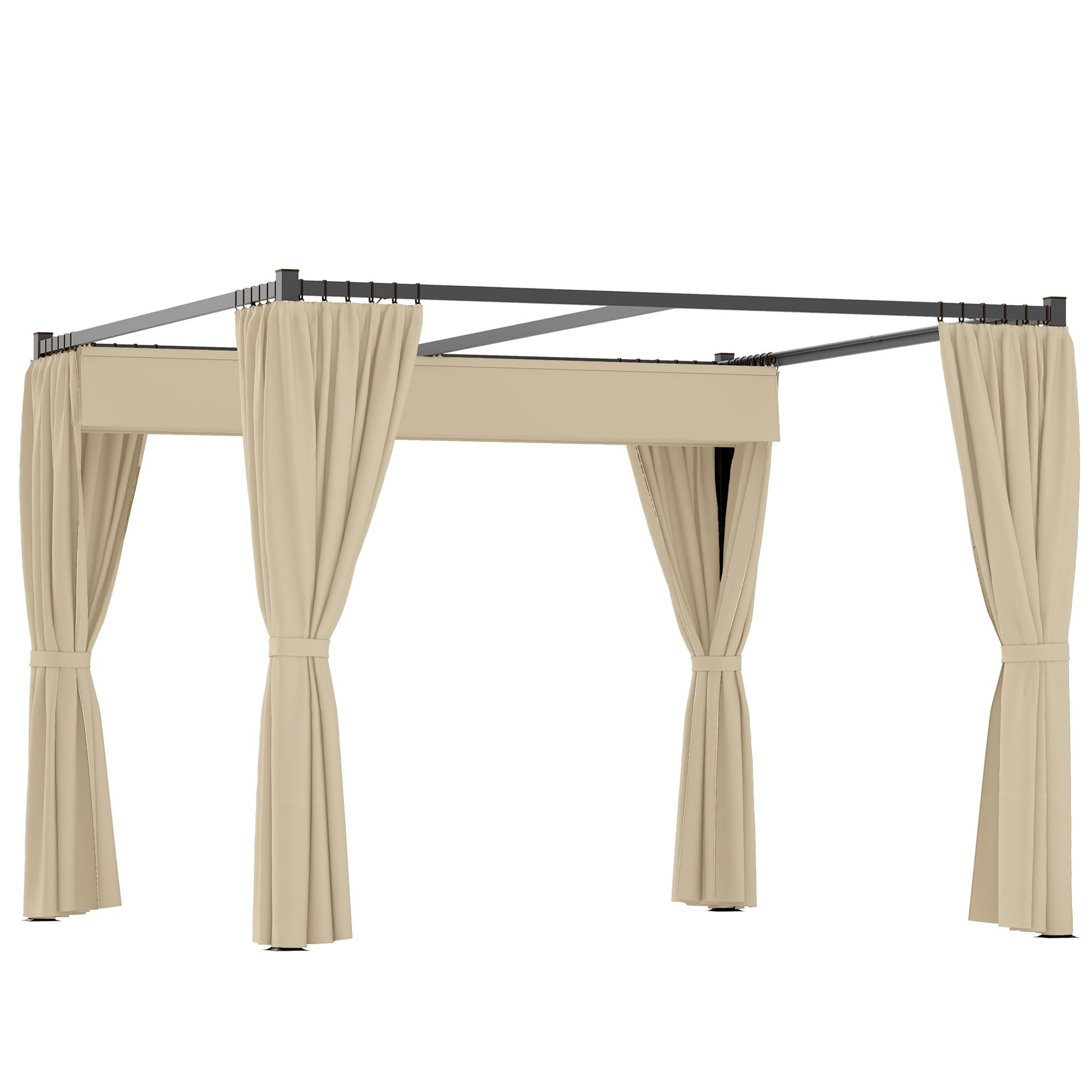 3 x 3(m) Pergola with Retractable Roof Canopy and Curtains, Metal Frame Garden Gazebo Outdoor Sun Shade Shelter for Grill, Patio, Deck, Khaki