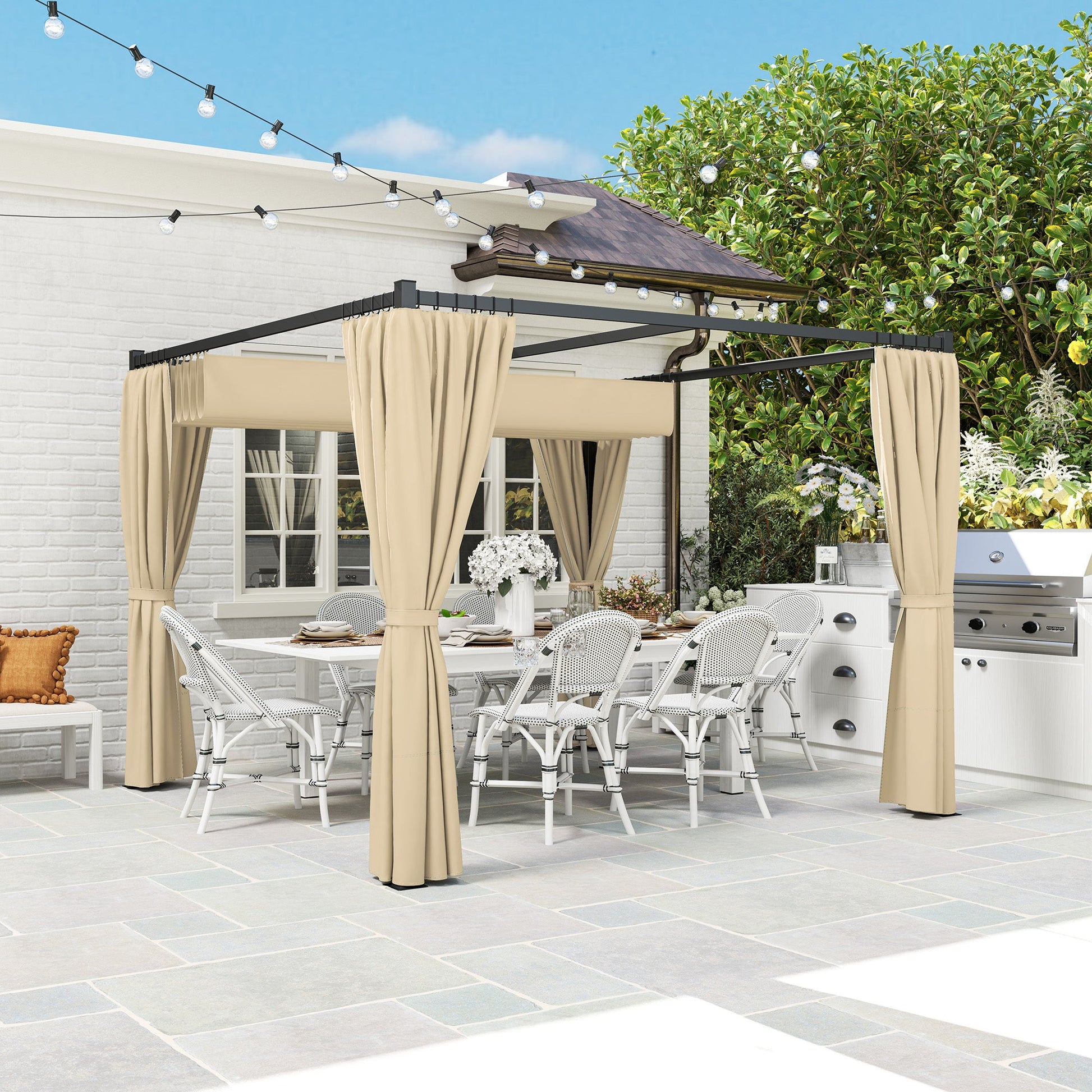 3 x 3(m) Pergola with Retractable Roof Canopy and Curtains, Metal Frame Garden Gazebo Outdoor Sun Shade Shelter for Grill, Patio, Deck, Khaki