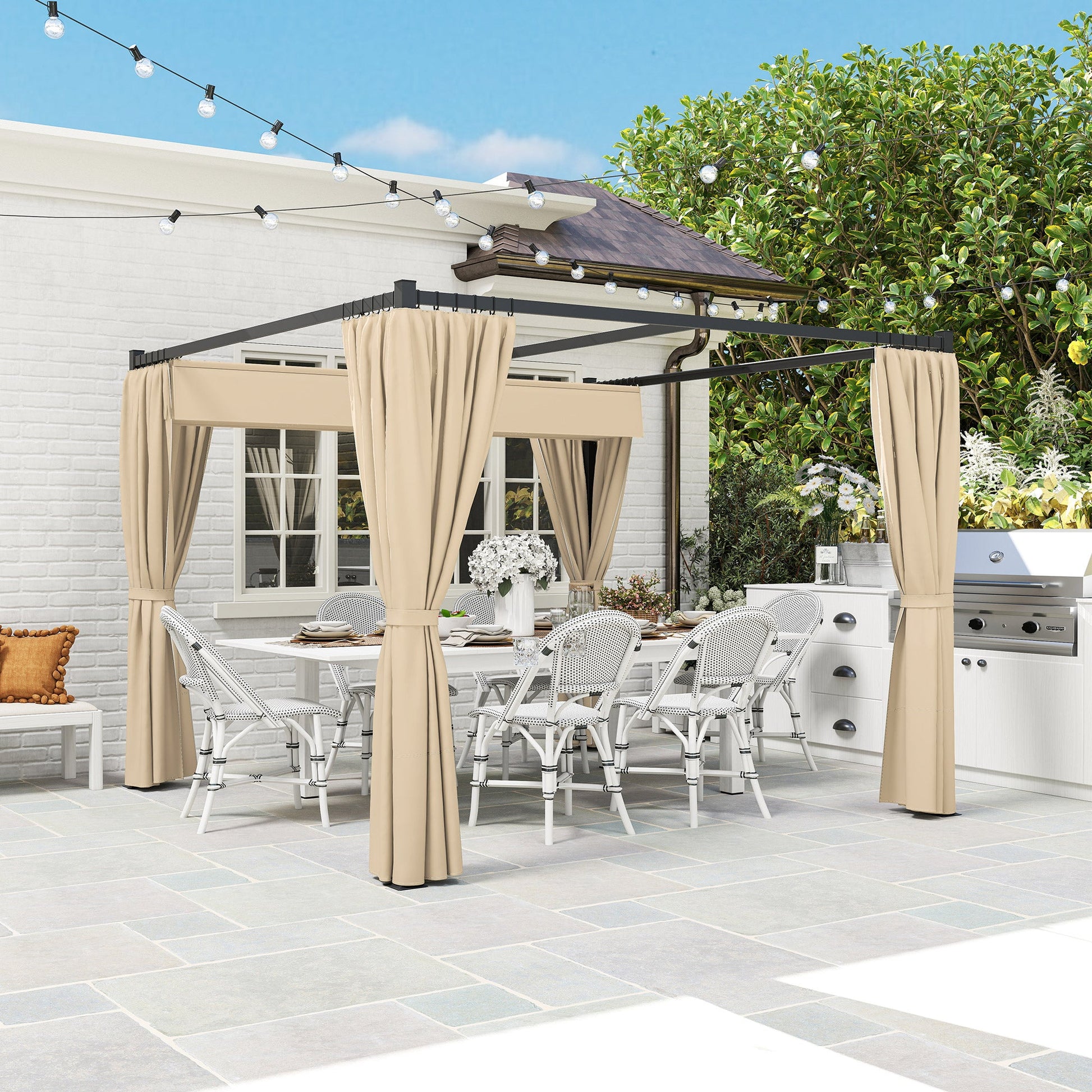 3 x 3(m) Pergola with Retractable Roof Canopy and Curtains, Metal Frame Garden Gazebo Outdoor Sun Shade Shelter for Grill, Patio, Deck, Khaki