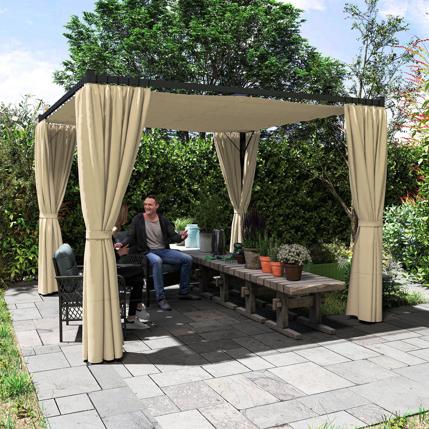 3 x 3(m) Pergola with Retractable Roof Canopy and Curtains, Metal Frame Garden Gazebo Outdoor Sun Shade Shelter for Grill, Patio, Deck, Khaki