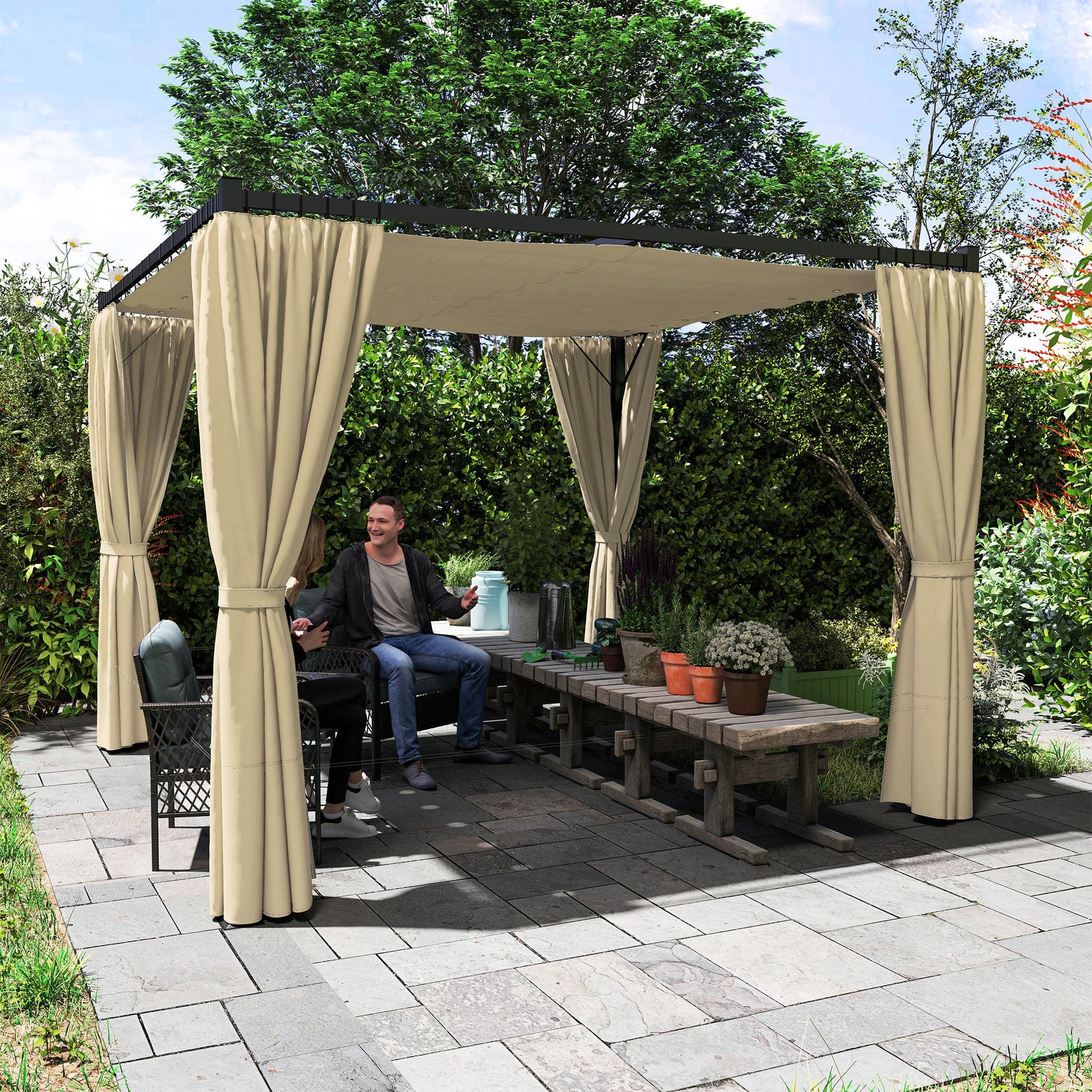 3 x 3(m) Pergola with Retractable Roof Canopy and Curtains, Metal Frame Garden Gazebo Outdoor Sun Shade Shelter for Grill, Patio, Deck, Khaki
