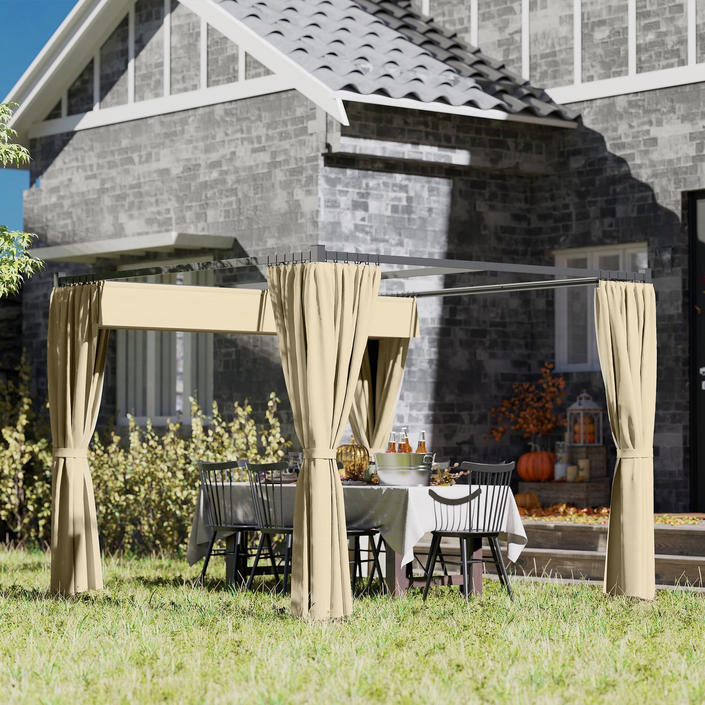 3 x 3(m) Pergola with Retractable Roof Canopy and Curtains, Metal Frame Garden Gazebo Outdoor Sun Shade Shelter for Grill, Patio, Deck, Khaki