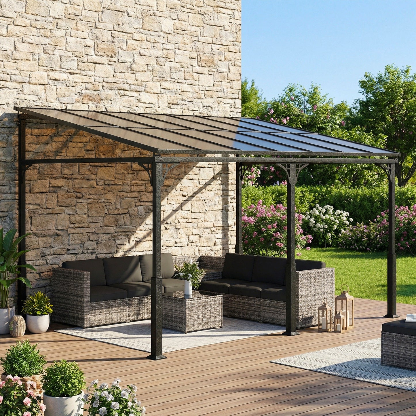 4 x 3 m Metal Lean-to Pergola, Wall-Mounted Garden Pergola with Polycarbonate Roof and Metal-Aluminium Frame, Heavy Duty Hardtop Gazebo for Outdoor Patios, BBQ, Brown