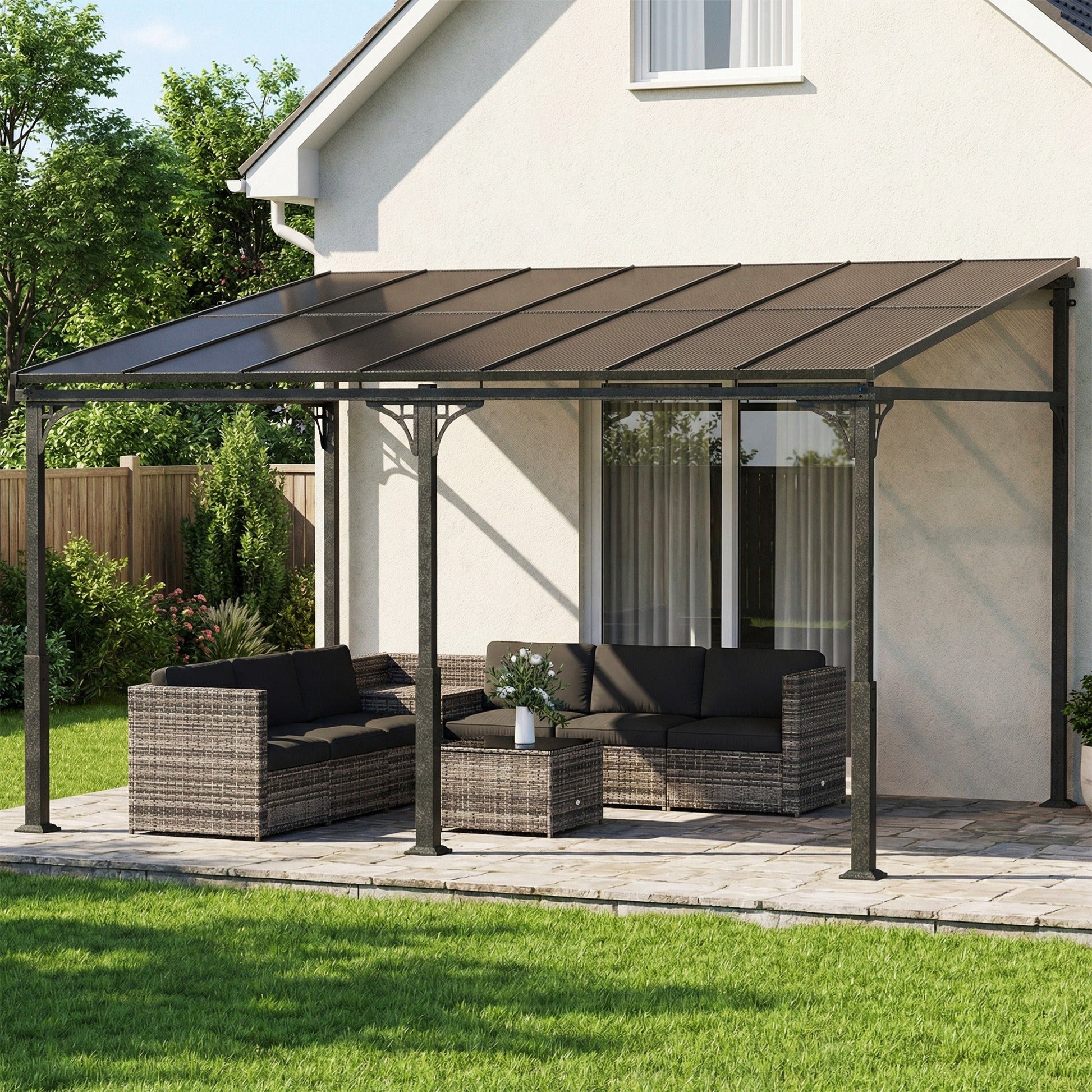 4 x 3 m Metal Lean-to Pergola, Wall-Mounted Garden Pergola with Polycarbonate Roof and Metal-Aluminium Frame, Heavy Duty Hardtop Gazebo for Outdoor Patios, BBQ, Brown