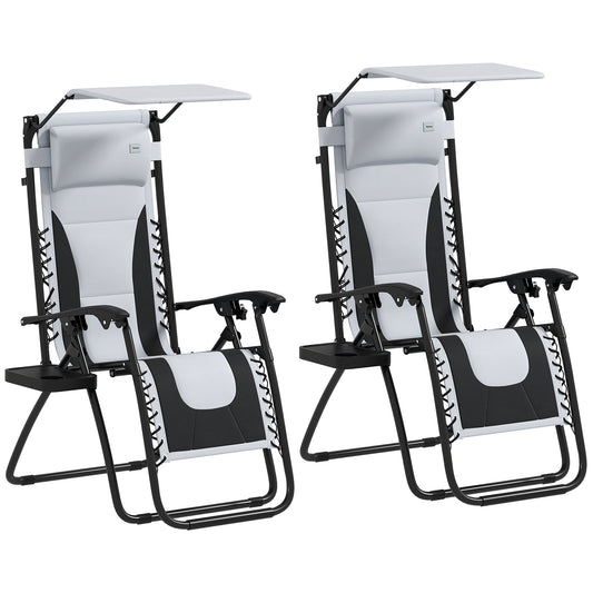Zero Gravity Lounger Chair Set of 2, Folding Reclining Patio Chair with Shade Cover, Padded Seat, Cup Holder, Soft Cushion and Headrest for Poolside, Camping, Light Grey