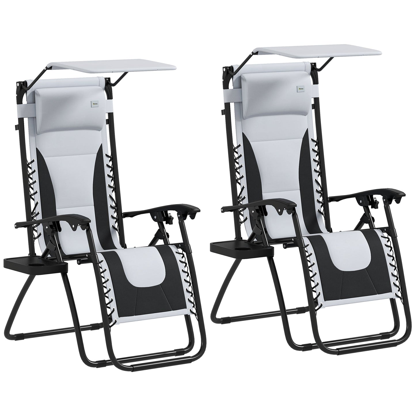 Zero Gravity Lounger Chair Set of 2, Folding Reclining Patio Chair with Shade Cover, Padded Seat, Cup Holder, Soft Cushion and Headrest for Poolside, Camping, Light Grey