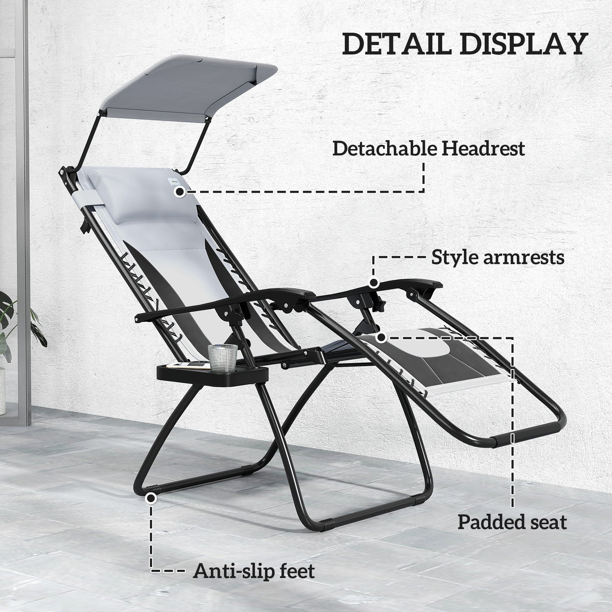 Zero Gravity Lounger Chair Set of 2, Folding Reclining Patio Chair with Shade Cover, Padded Seat, Cup Holder, Soft Cushion and Headrest for Poolside, Camping, Light Grey