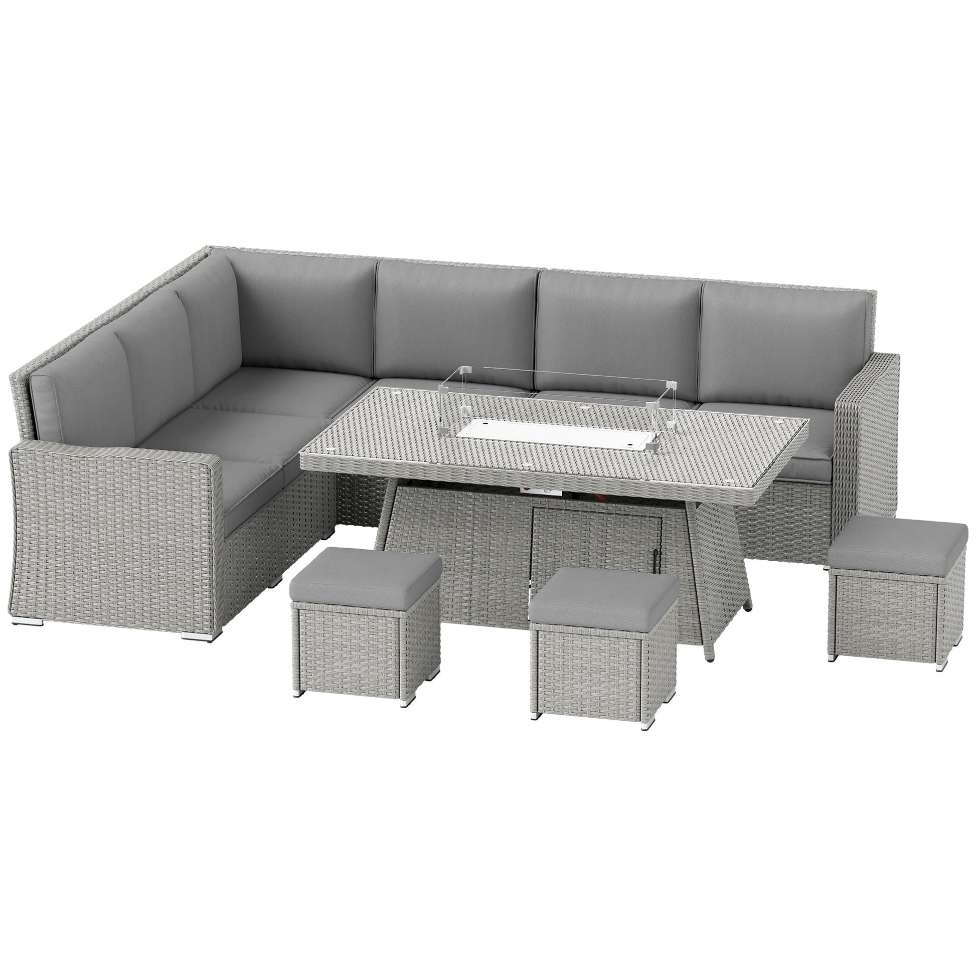 7 Pieces PE Rattan Garden Furniture Set, 50,000 BTU Gas Fire Pit Table, Double Corner Sofa and 3 Footstools, 6 Seater Furniture Sofa Sets with Cushions for Conservatory, Grey