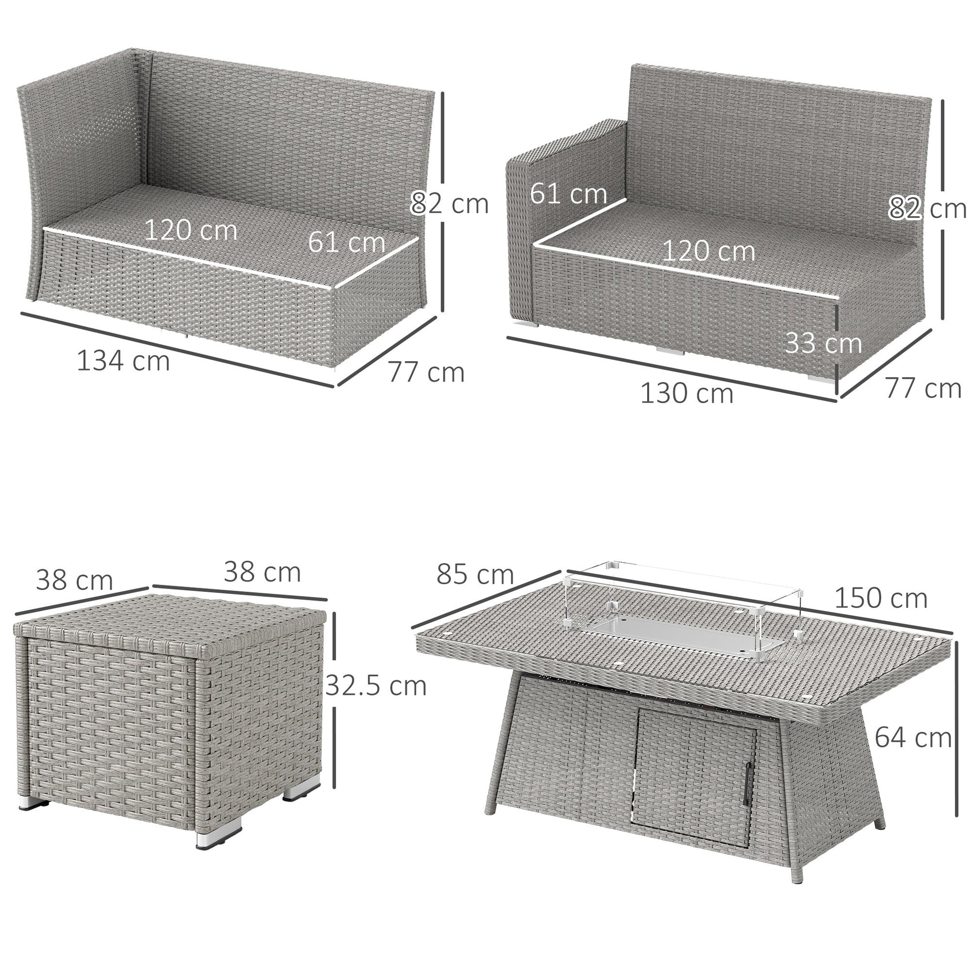 7 Pieces PE Rattan Garden Furniture Set, 50,000 BTU Gas Fire Pit Table, Double Corner Sofa and 3 Footstools, 6 Seater Furniture Sofa Sets with Cushions for Conservatory, Grey