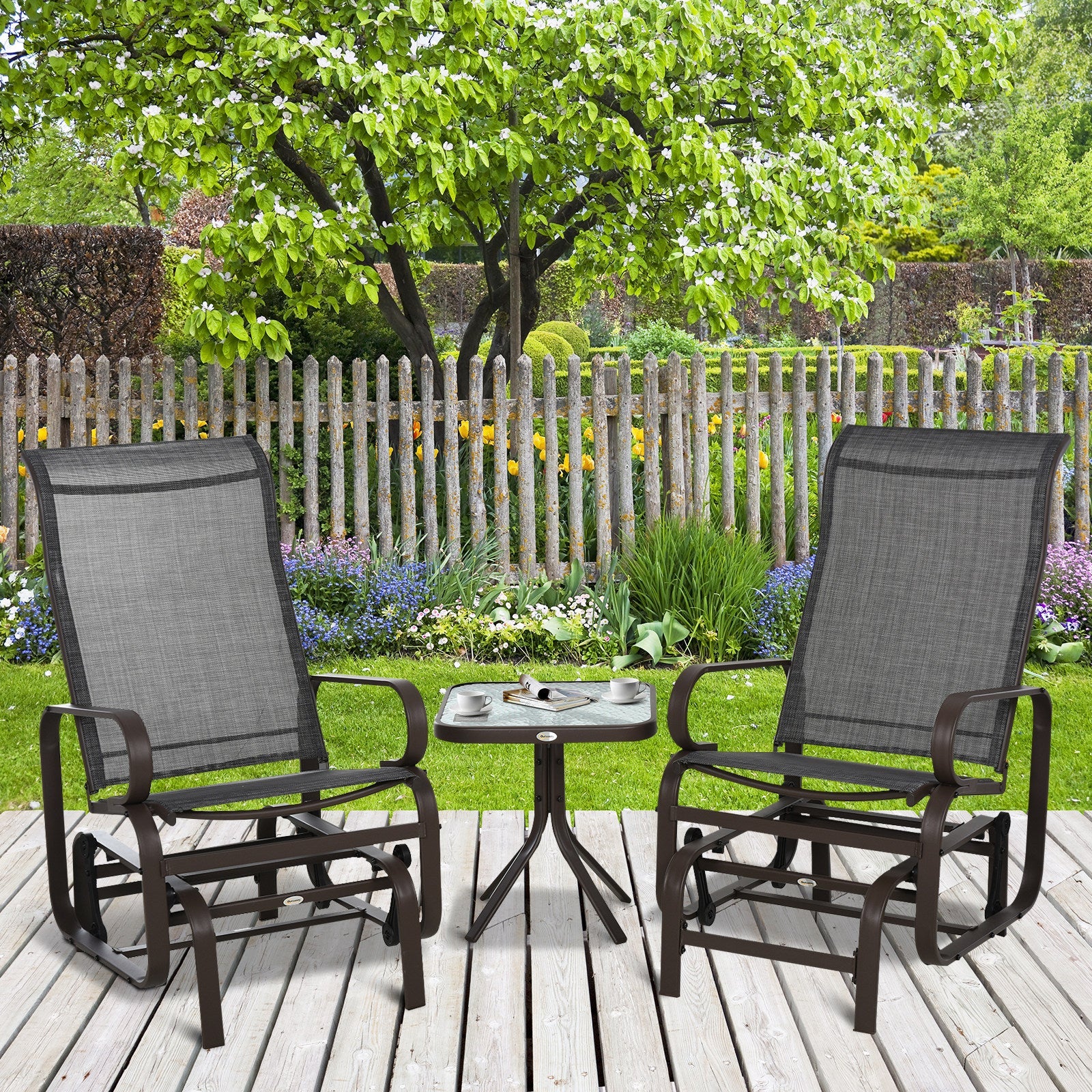 3 Pieces Garden Gliding Chair Set, Metal Frame 2 Single Armchair Swing Seater and 1 Glass Top Coffee Table w/ Breath Mesh Fabric Seat, Brown