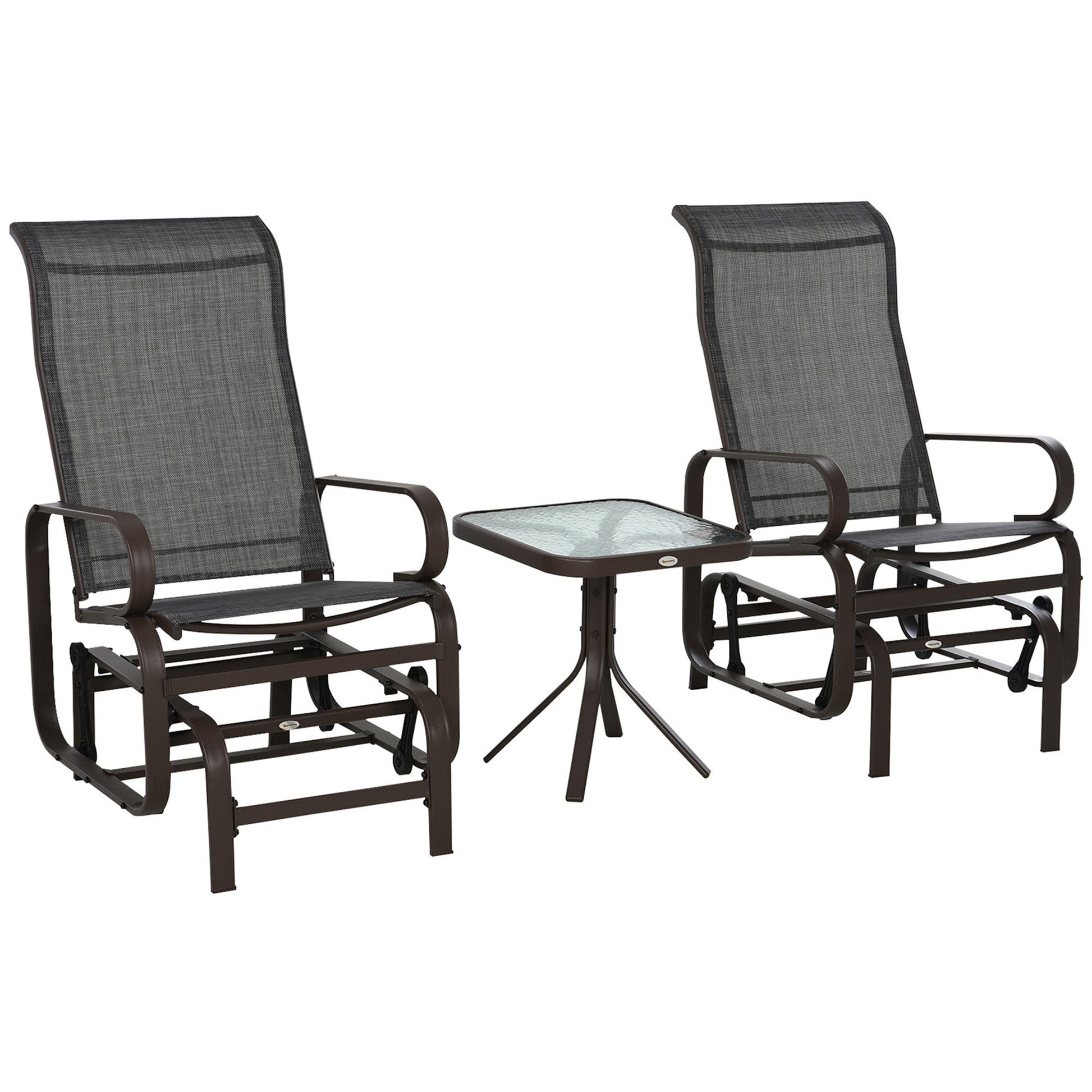 3 Pieces Garden Gliding Chair Set, Metal Frame 2 Single Armchair Swing Seater and 1 Glass Top Coffee Table w/ Breath Mesh Fabric Seat, Brown