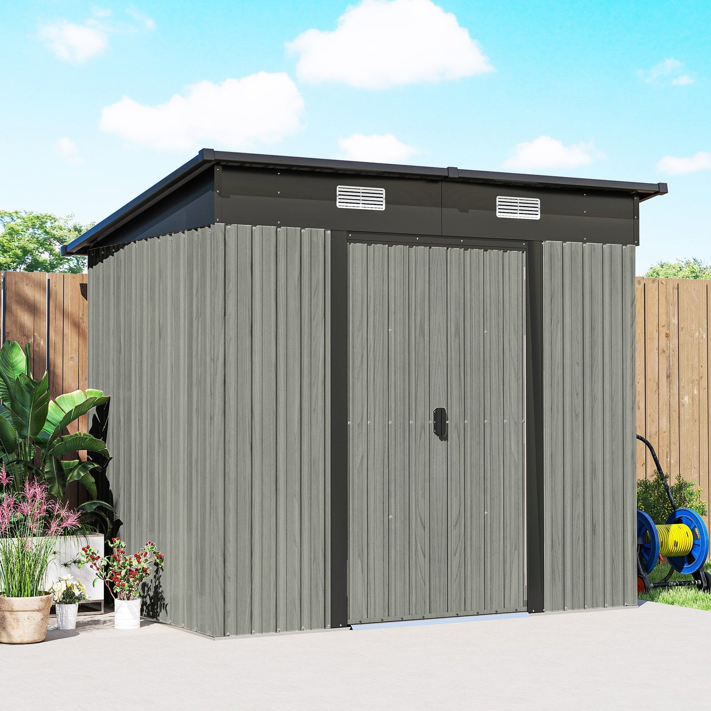 7 x 4ft Outdoor Storage Shed with Foundation Kit, Lean to Metal Garden Shed for Log, Rubbish Bin, Tool, Lawnmower, Bike, Patio Use, Light Grey Wood Effect