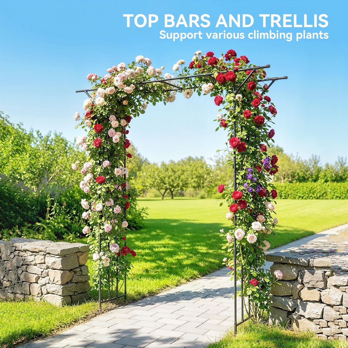 Garden Arch, PE-Coated Steel Arbour Trellis for Climbing Plants, Rose Arch for Party, Wedding Garden Decoration, 180 x 40 x 215 cm, Black