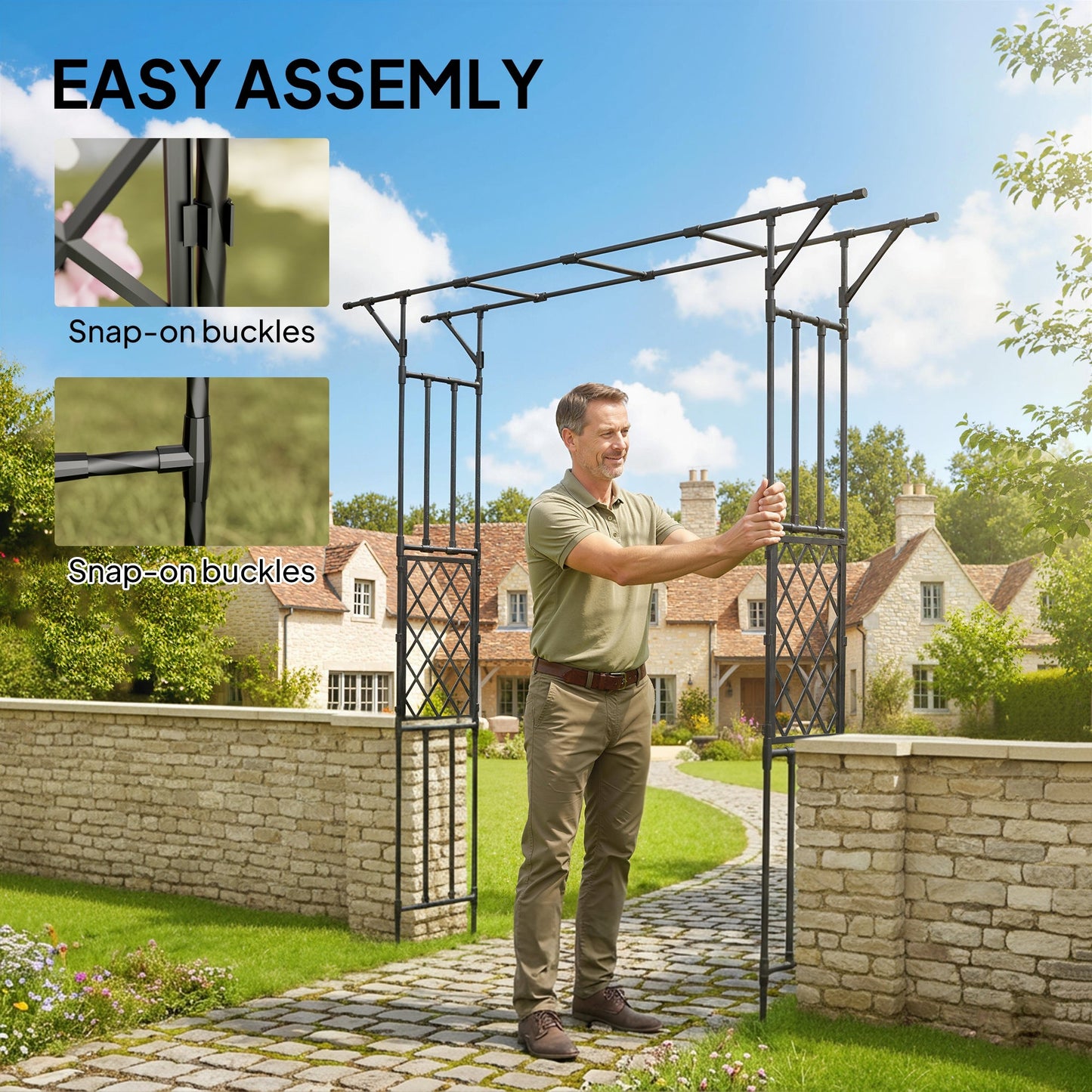 Garden Arch, PE-Coated Steel Arbour Trellis for Climbing Plants, Rose Arch for Party, Wedding Garden Decoration, 180 x 40 x 215 cm, Black