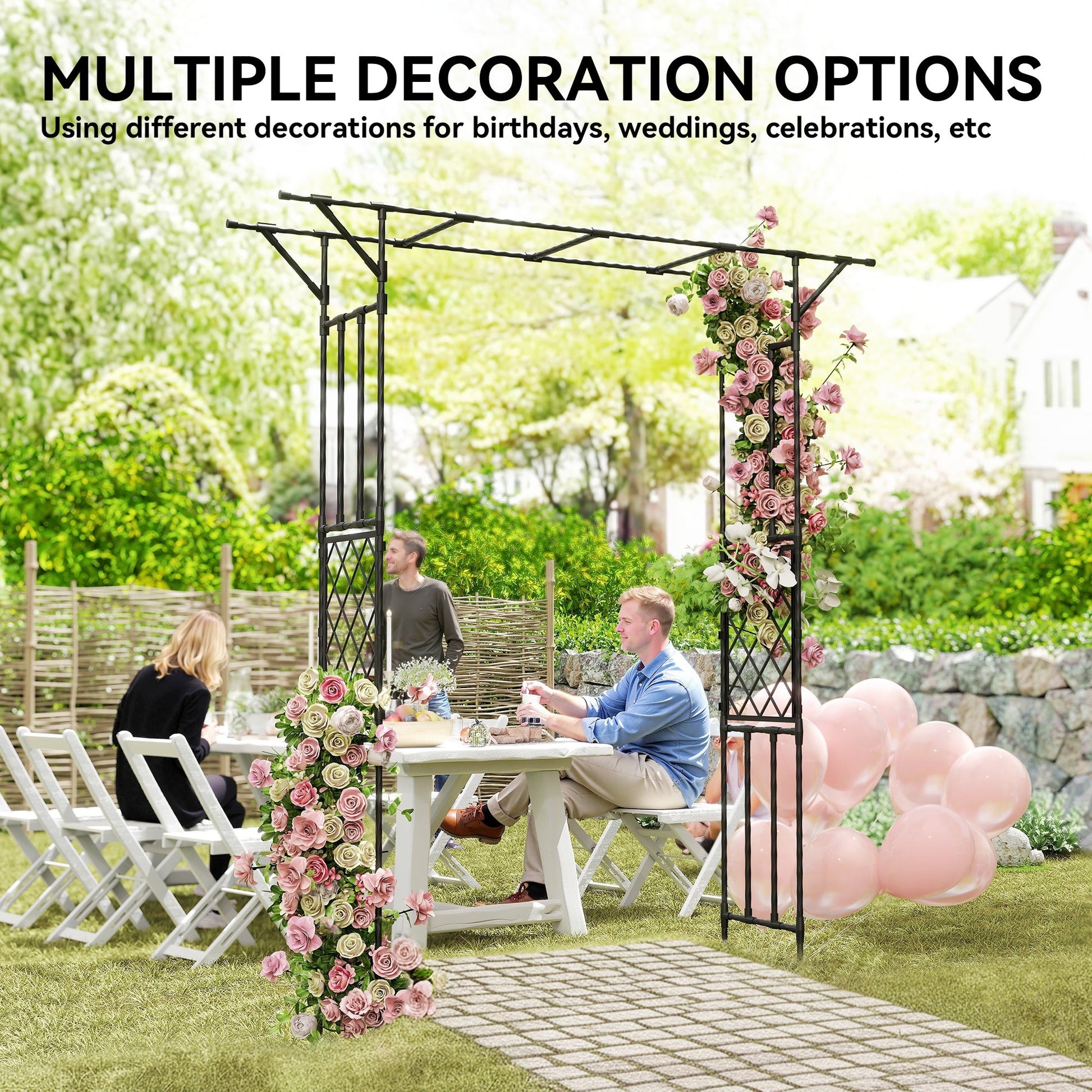 Garden Arch, PE-Coated Steel Arbour Trellis for Climbing Plants, Rose Arch for Party, Wedding Garden Decoration, 180 x 40 x 215 cm, Black