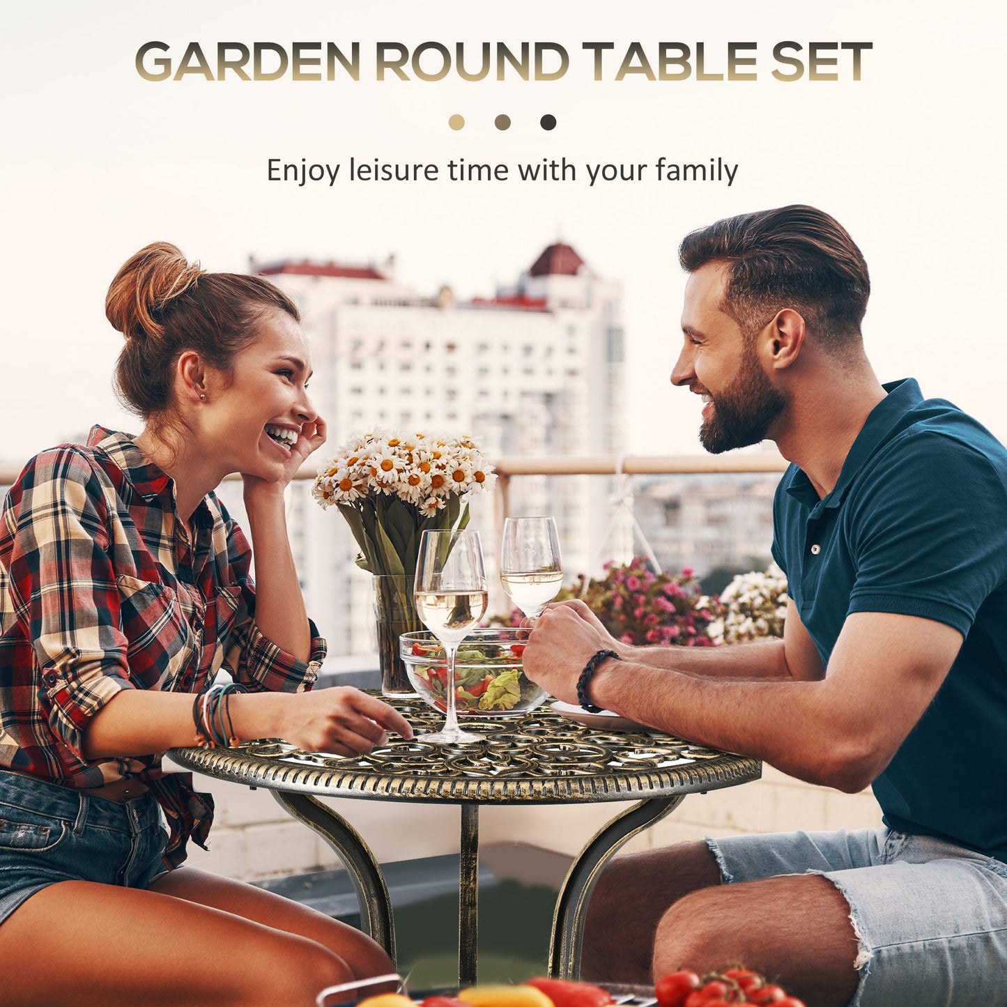 3 Piece Cast Aluminium Garden Bistro Set for 2 with Parasol Hole, Outdoor Coffee Table Set, Two Armless Chairs and Round Coffee Table for Balcony, Patio, Bronze