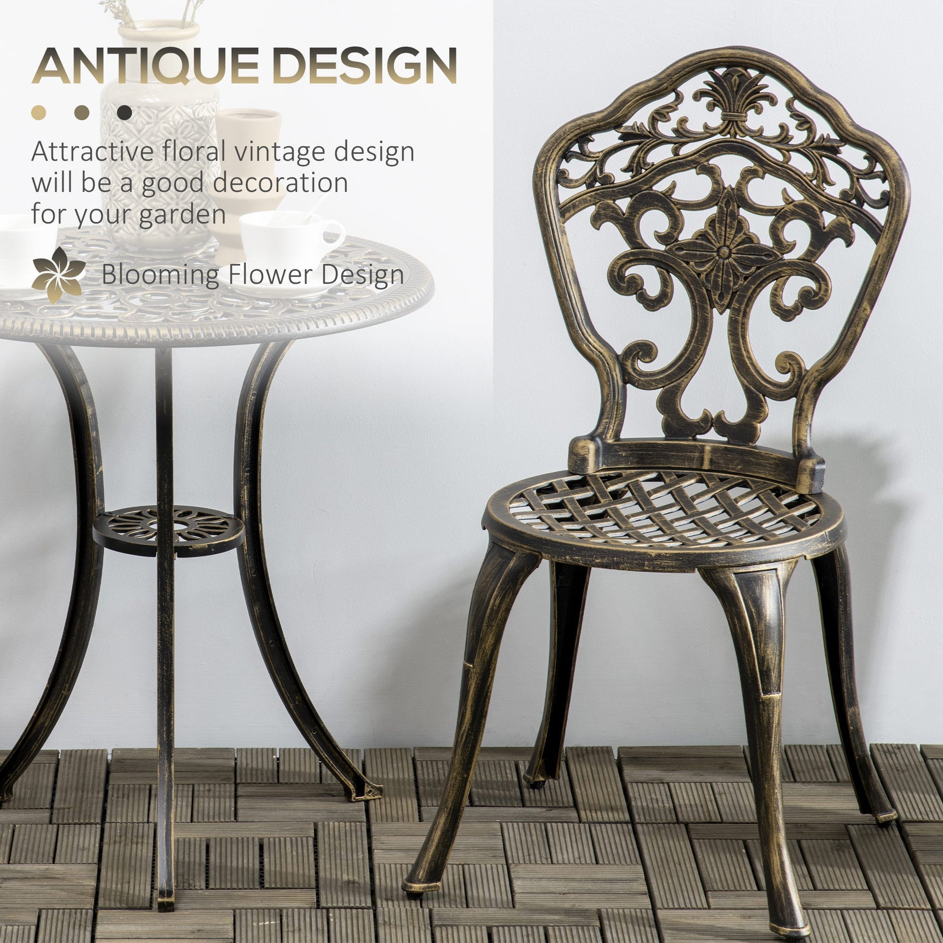 3 Piece Cast Aluminium Garden Bistro Set for 2 with Parasol Hole, Outdoor Coffee Table Set, Two Armless Chairs and Round Coffee Table for Balcony, Patio, Bronze