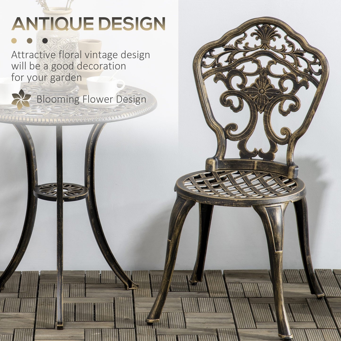 3 Piece Cast Aluminium Garden Bistro Set for 2 with Parasol Hole, Outdoor Coffee Table Set, Two Armless Chairs and Round Coffee Table for Balcony, Patio, Bronze