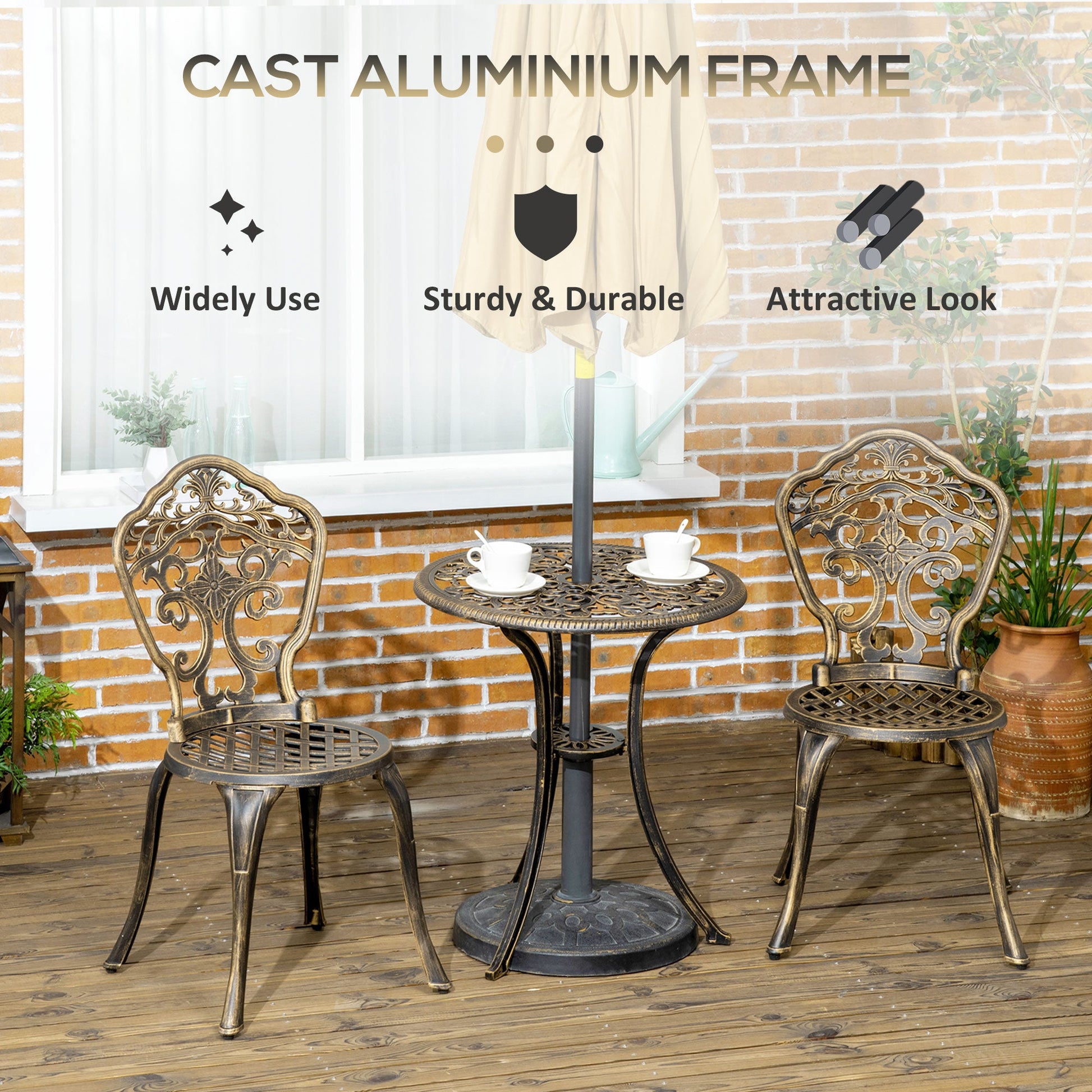 3 Piece Cast Aluminium Garden Bistro Set for 2 with Parasol Hole, Outdoor Coffee Table Set, Two Armless Chairs and Round Coffee Table for Balcony, Patio, Bronze
