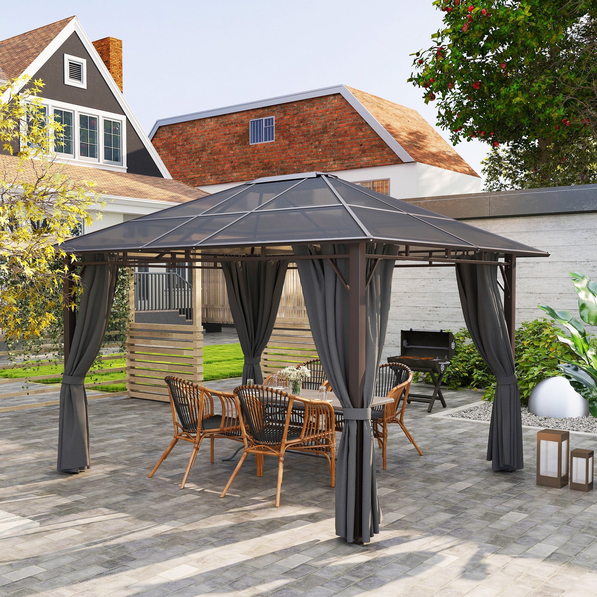 3 x 3.6m Hardtop Gazebo Canopy with Polycarbonate Roof Garden Pavilion with Removable Curtains and Steel Frame, Dark Grey