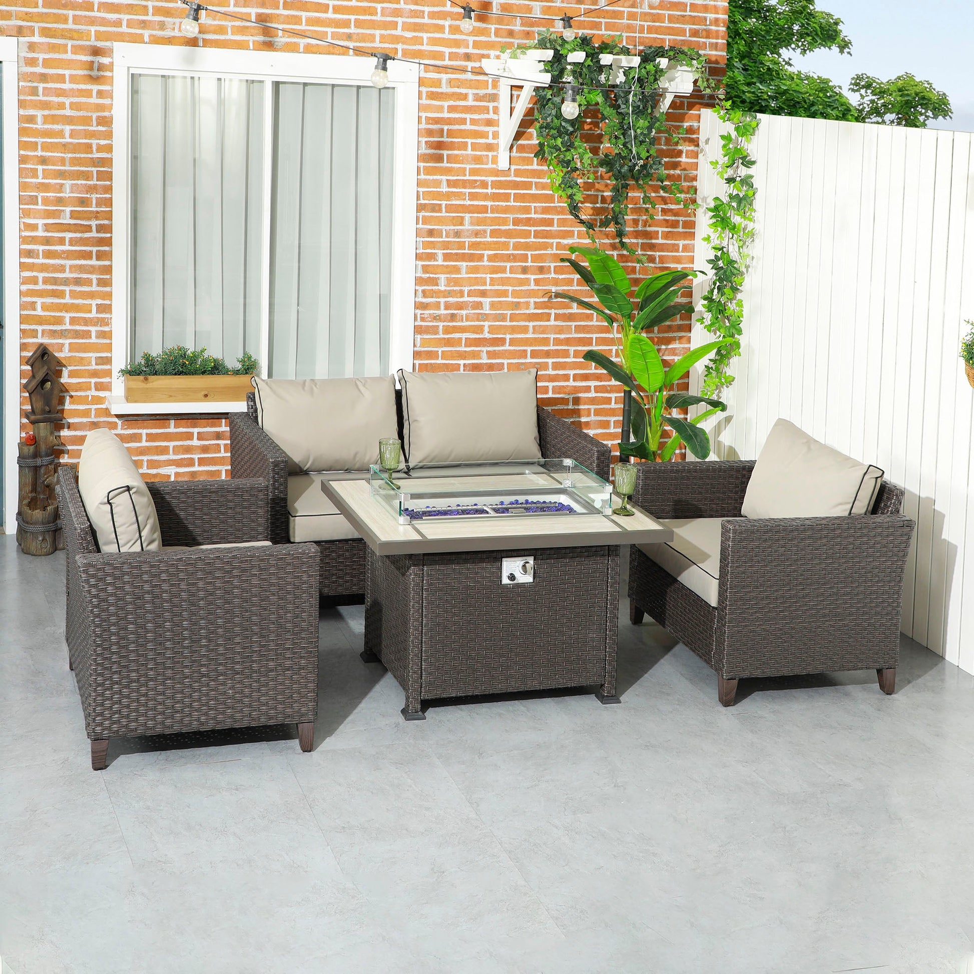 5 Pieces PE Rattan Garden Furniture Set with Gas Fire Pit Table, Loveseat Sofa, Armchairs, Patio Sofa Set with Cushions, Pillows, for Poolside, Dark Brown